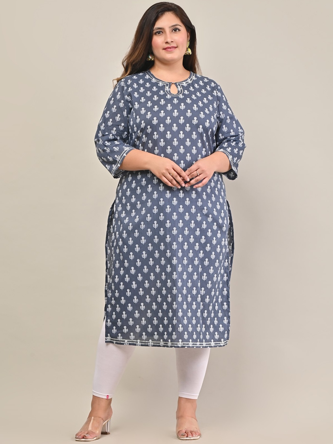 

KALINI Plus Size Floral Printed Keyhole Neck Cotton Straight Kurta, Grey
