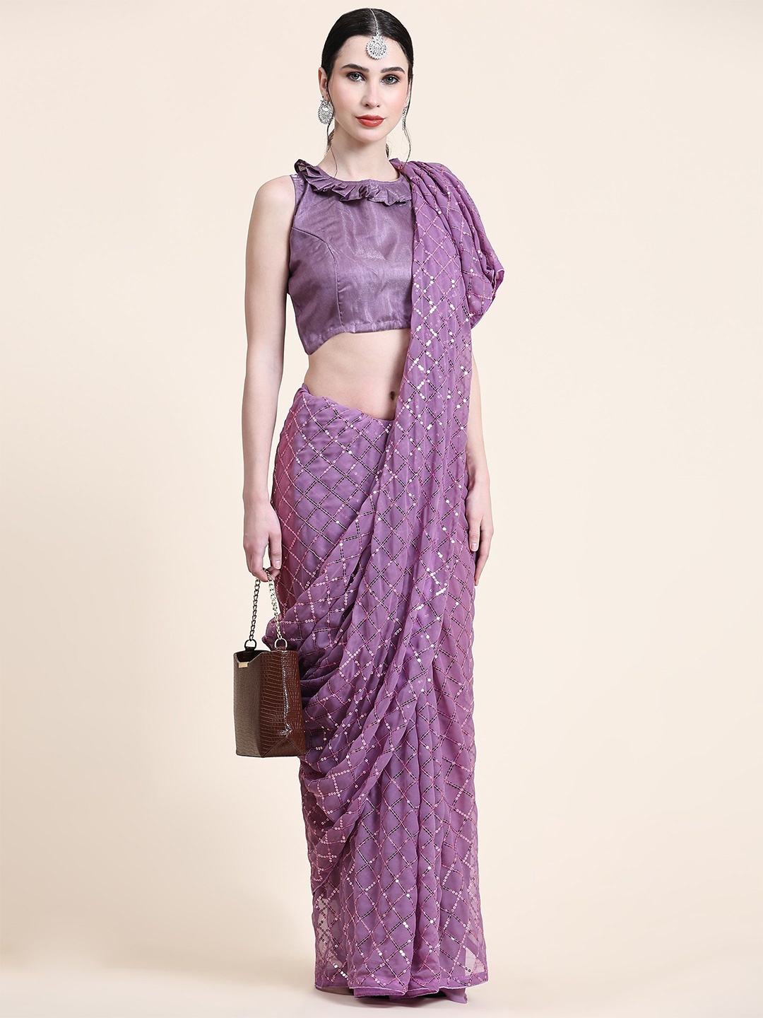

CANIZZARO Sequinned Pure Georgette Saree With Blouse Piece, Purple