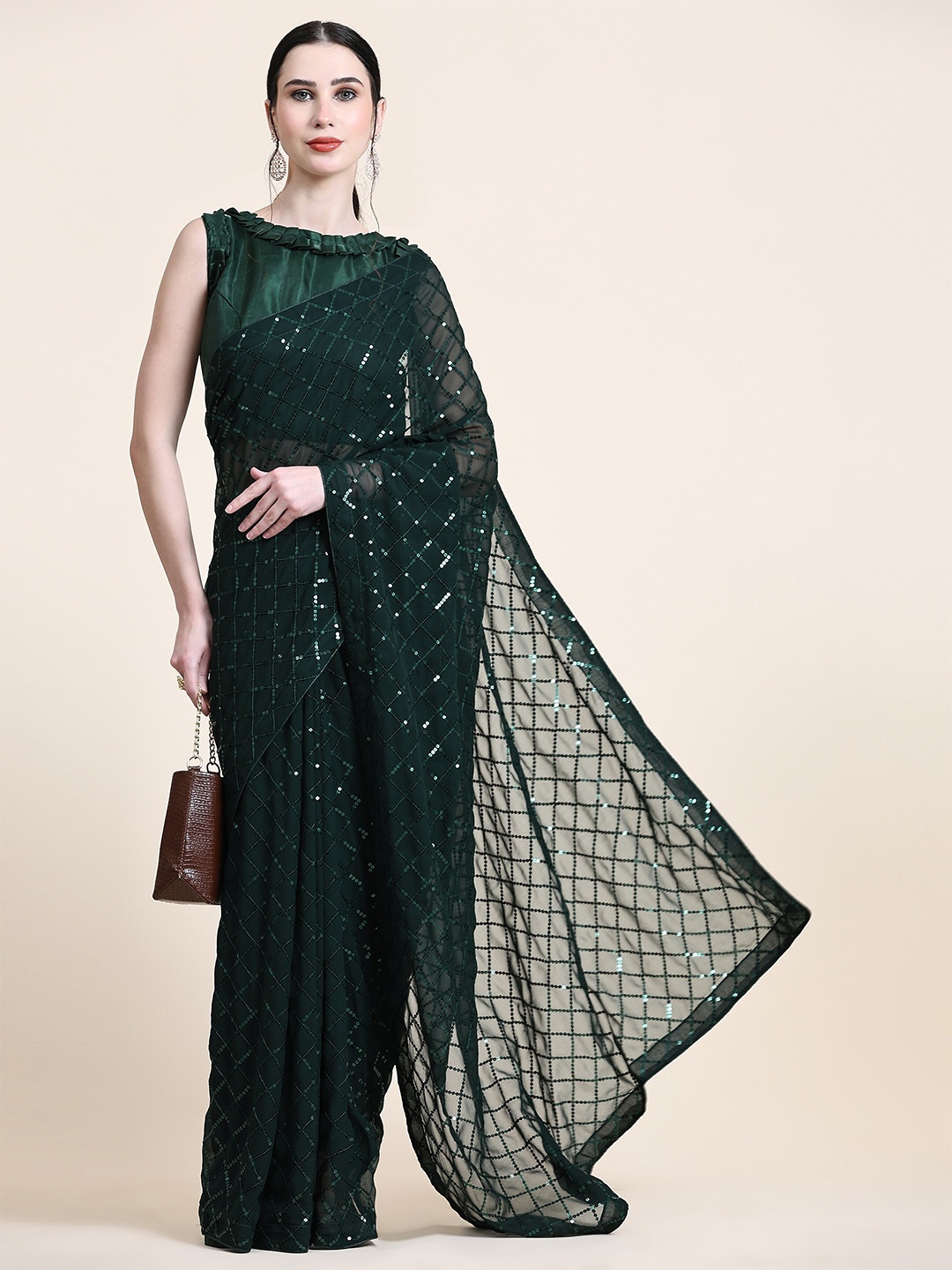 

CANIZZARO Checked Sequinned Pure Georgette Saree, Green