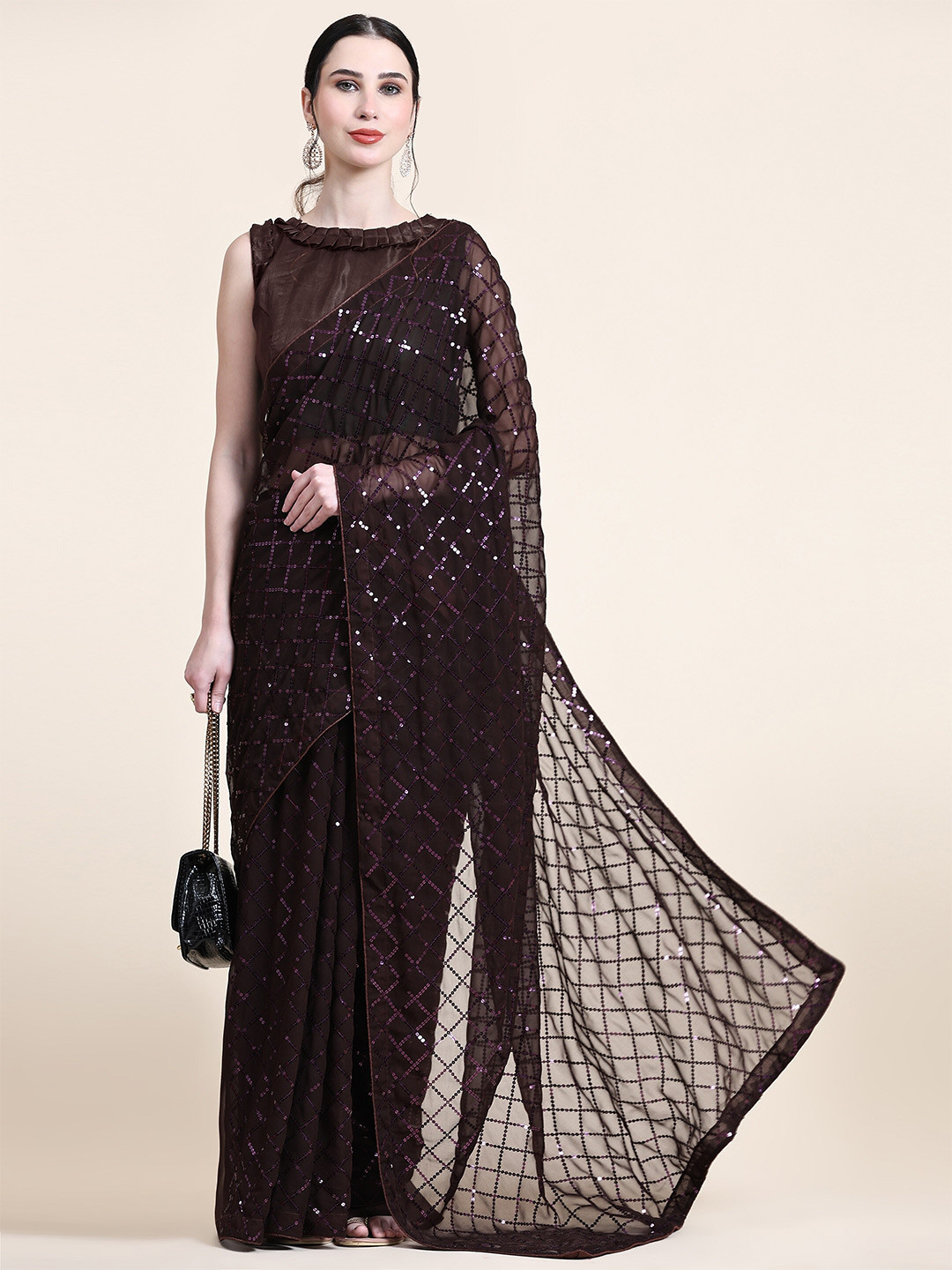 

CANIZZARO Sequinned Embroidered Pure Georgette Saree, Brown
