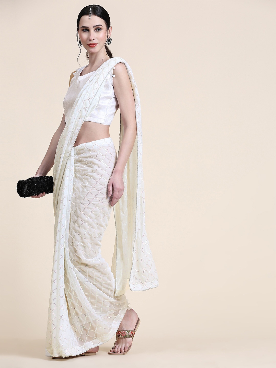 

CANIZZARO Checked Sequinned Pure Georgette Saree, White