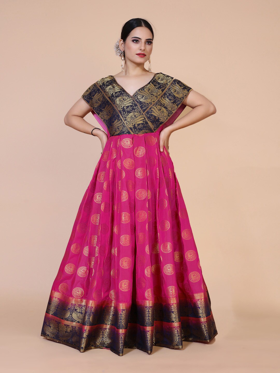 

PRANZ CREATION V Neck Ethnic Motifs Printed Jacquard Maxi Dress, Magenta