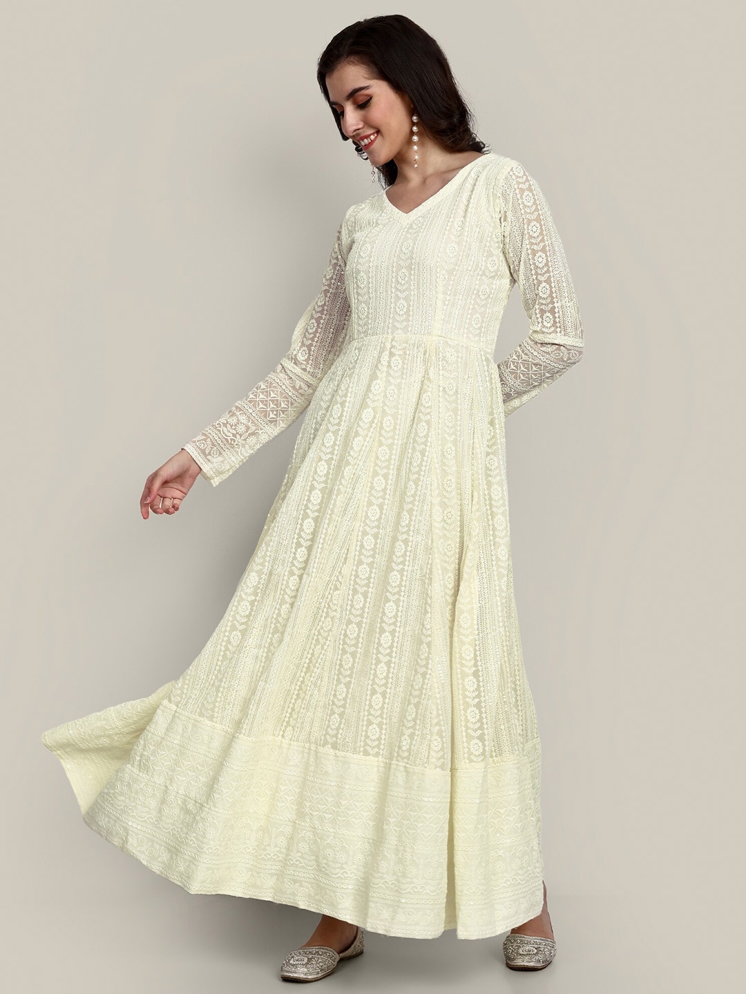 

PRANZ CREATION V Neck Long Sleeves Checked Georgette A Line Maxi Dress, Cream