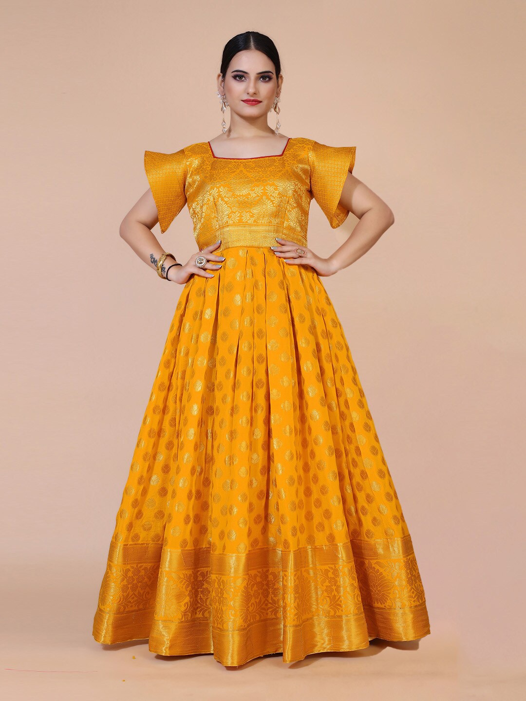 

PRANZ CREATION Floral Printed Flared Sleeves Jacquard Maxi Dress, Yellow