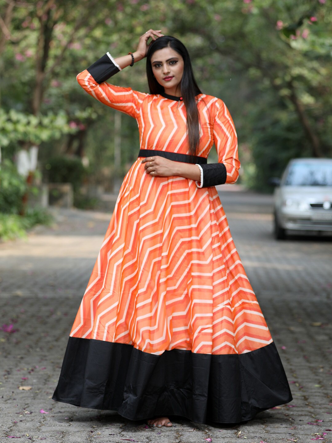 

PRANZ CREATION Keyhole Neck Long Sleeves Jacquard Fit & Flare Maxi Dress, Orange