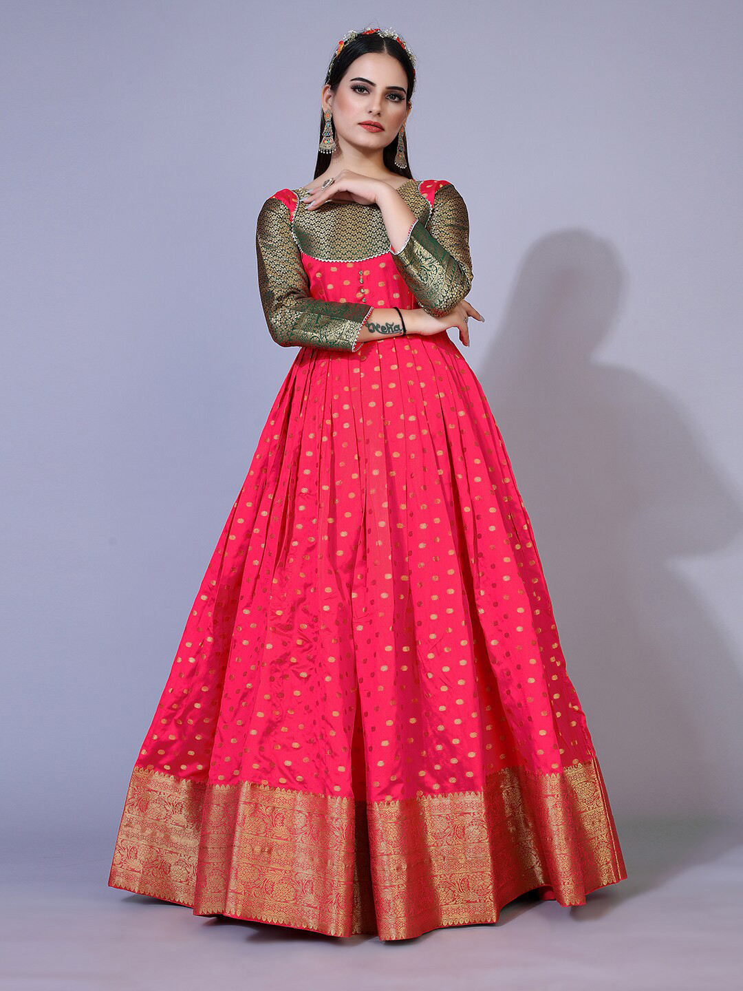 

PRANZ CREATION Round Neck Ethnic Print Jacquard Fit & Flare Maxi Dress, Pink
