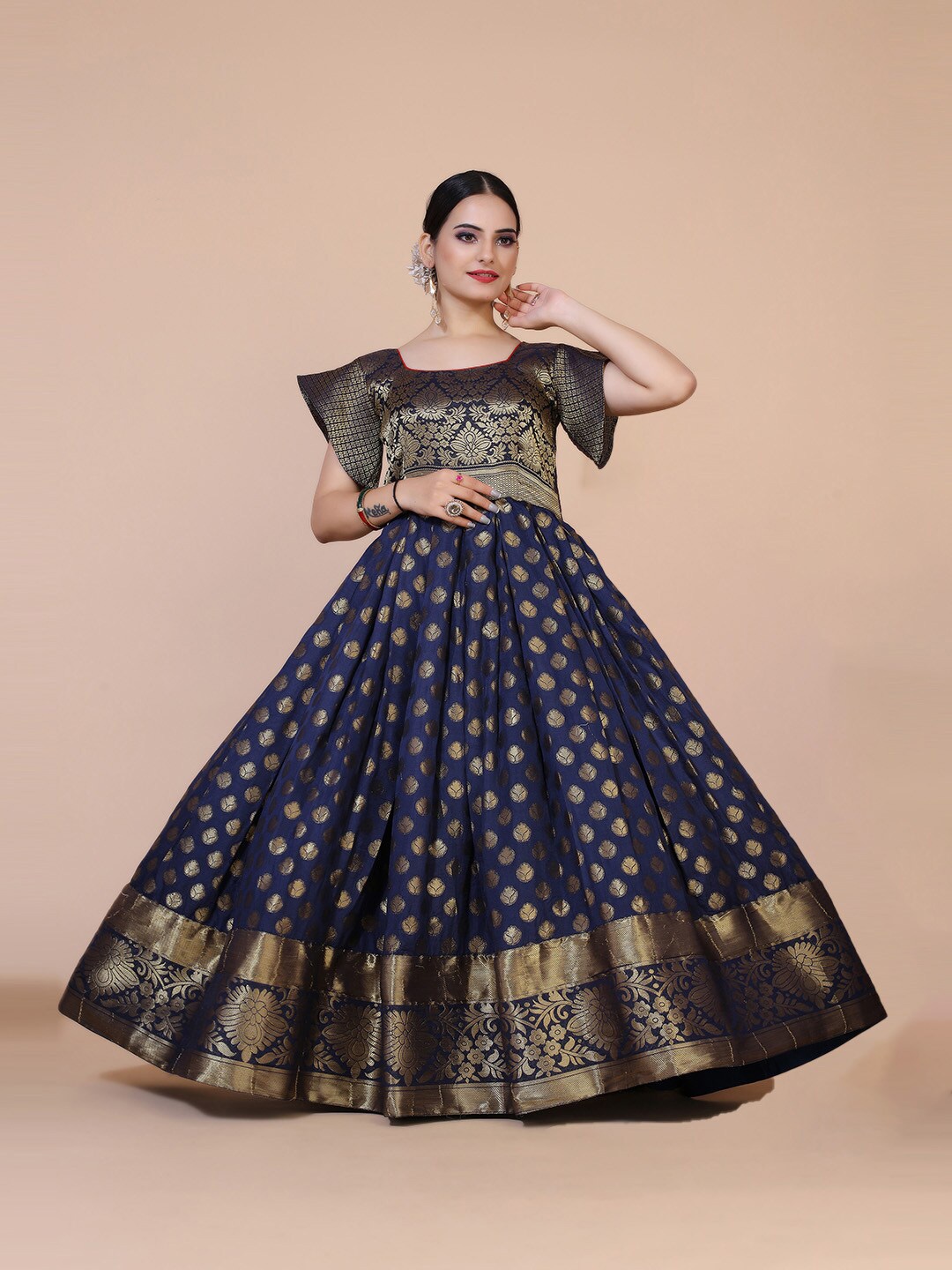 

PRANZ CREATION Ethnic Motifs Print Jacquard Maxi Dress, Navy blue