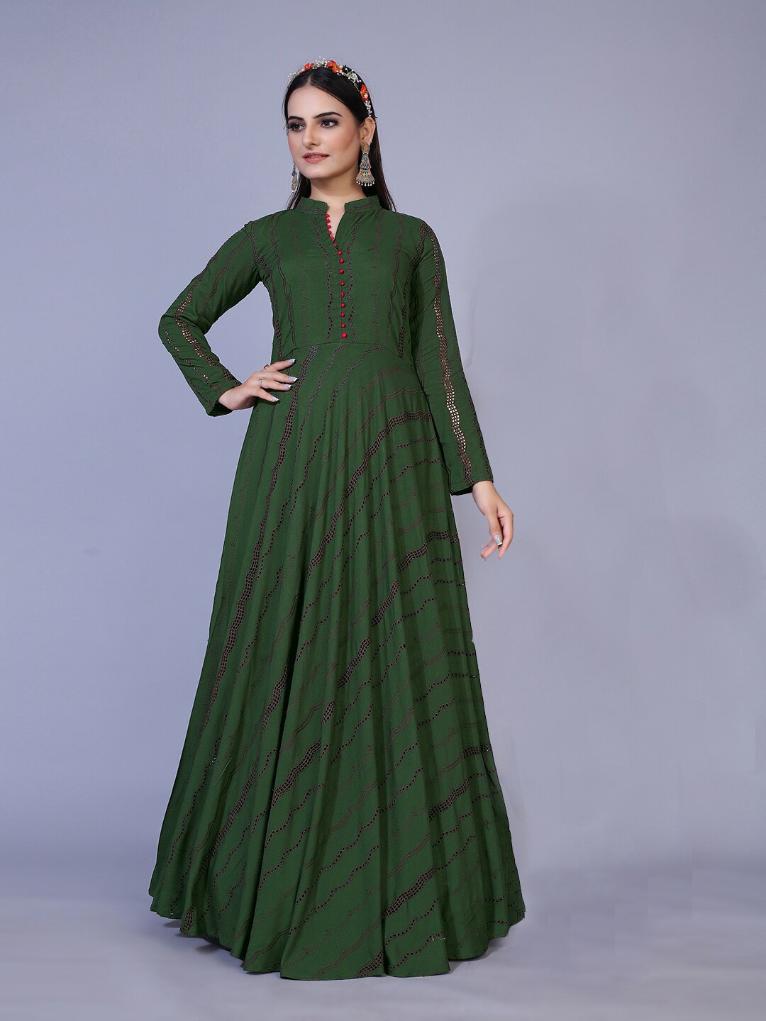 

PRANZ CREATION Mandarin Collar Long Sleeves A Line Maxi Dress, Green