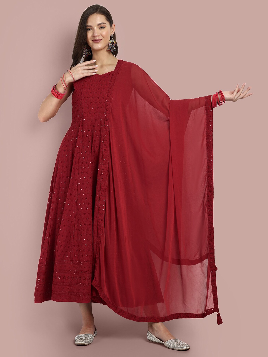 

PRANZ CREATION Sweetheart Neck Sleeveless Sequined Embroidered Maxi Dress, Red