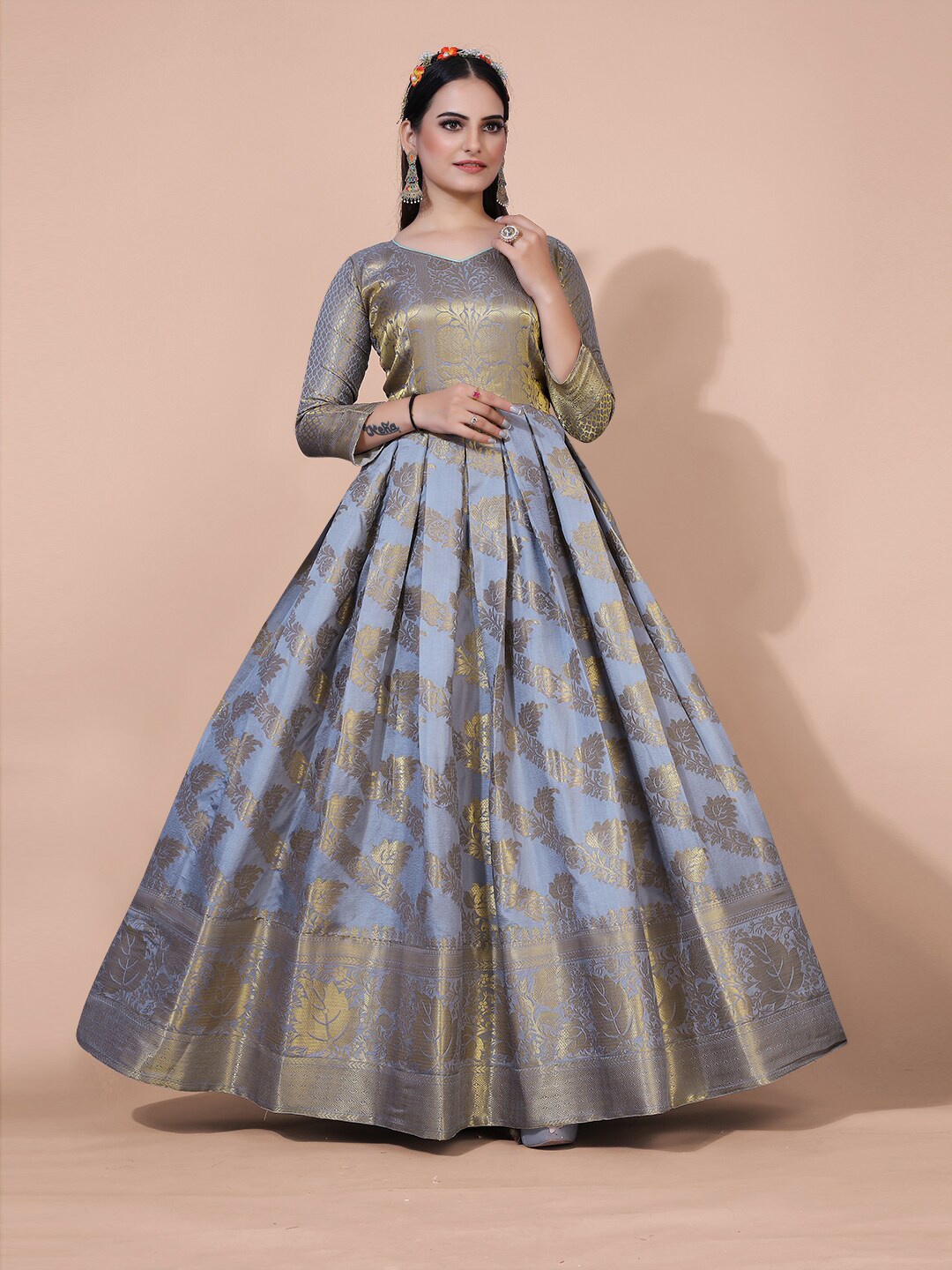 

PRANZ CREATION Floral Woven Design Pleated Jacquard Fit & Flare Maxi Ethnic Dress, Grey