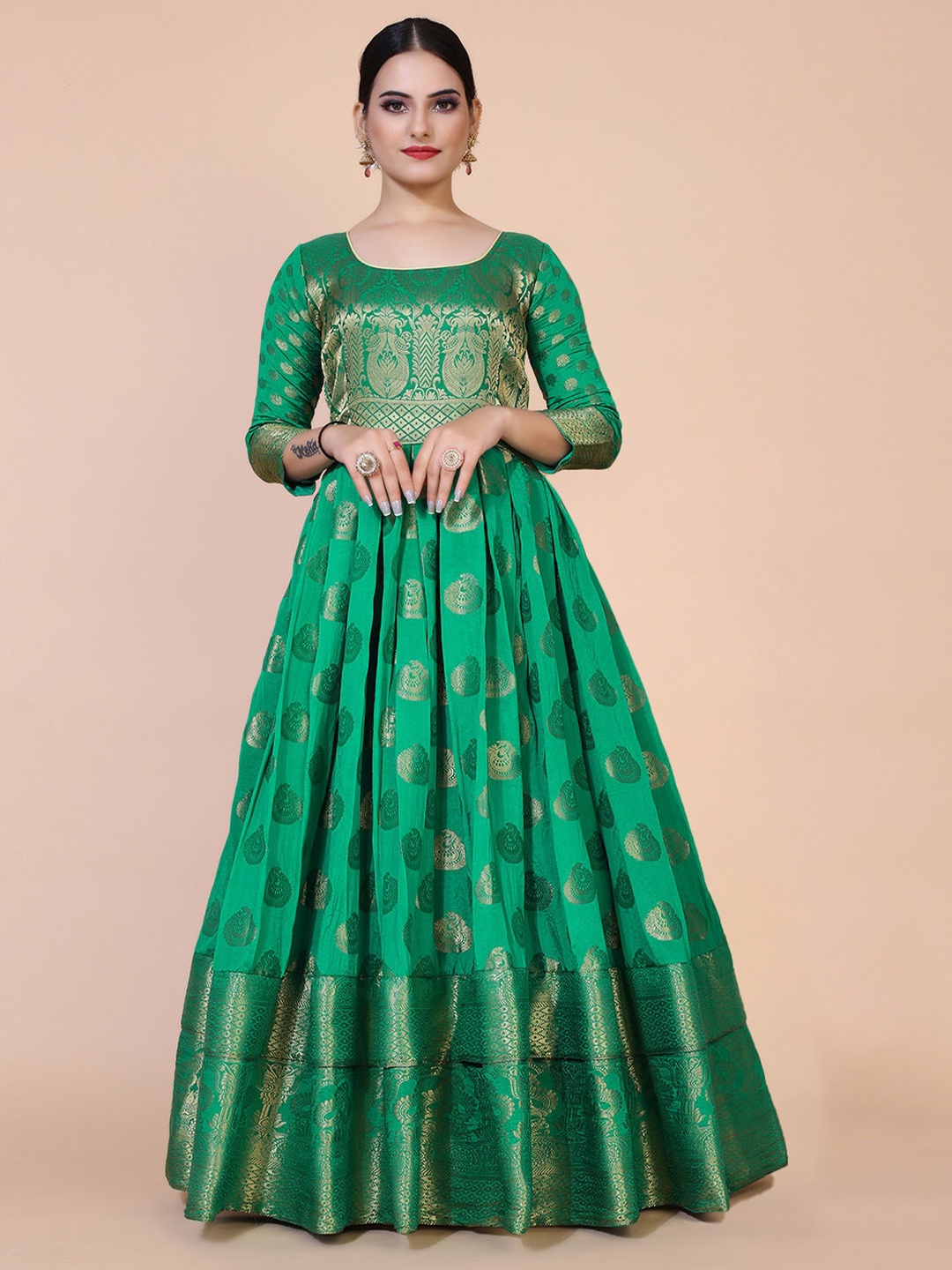 

PRANZ CREATION Round Neck Floral Printed Jacquard Maxi Dress, Green