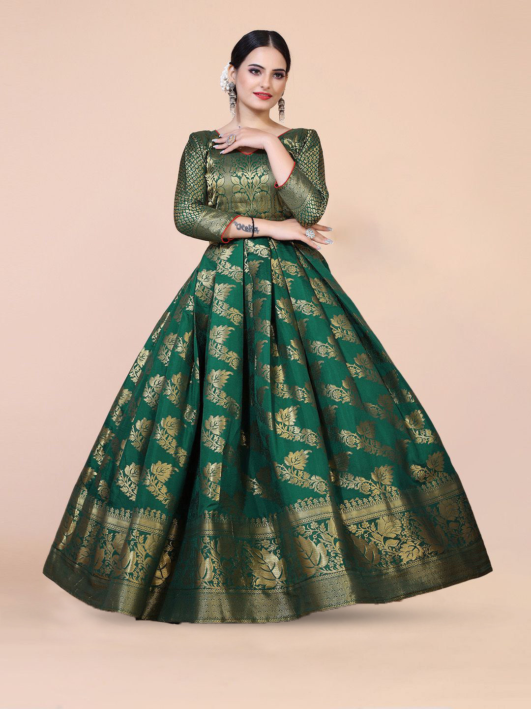 

PRANZ CREATION Floral Woven Design Jacquard Fit & Flare Maxi Ethnic Dress, Green