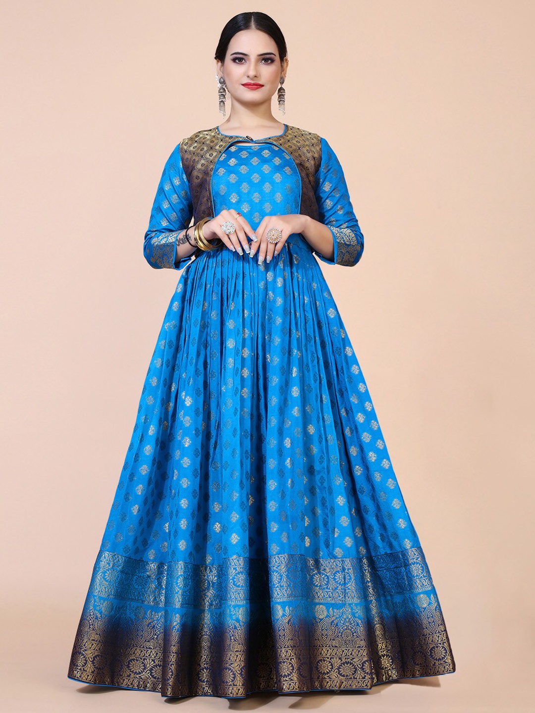 

PRANZ CREATION Round Neck Ethnic Motifs Print Jacquard A Line Maxi Dress, Turquoise blue