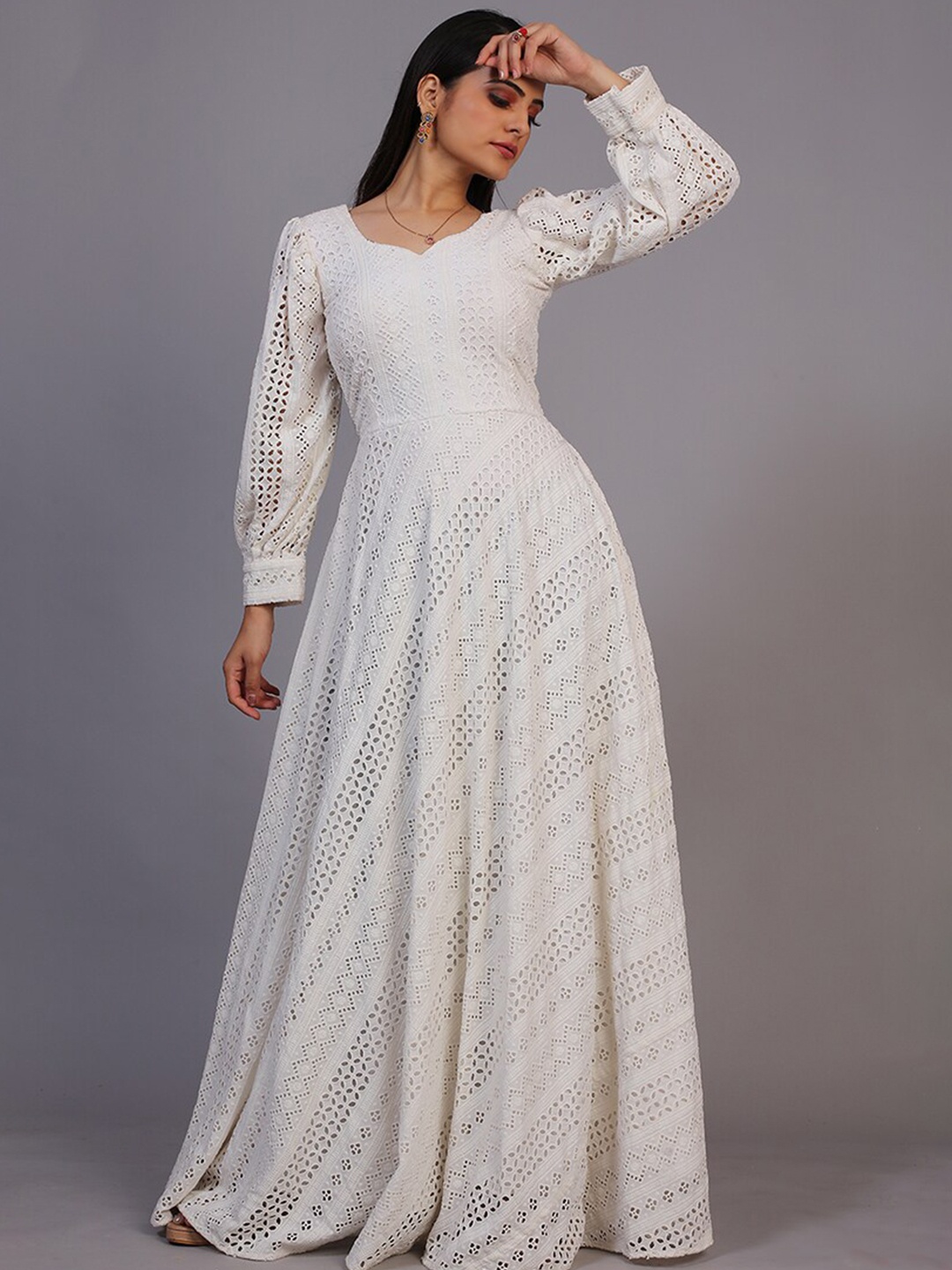 

PRANZ CREATION Sweetheart Neck Long Puff Sleeve A Line Maxi Dress, White