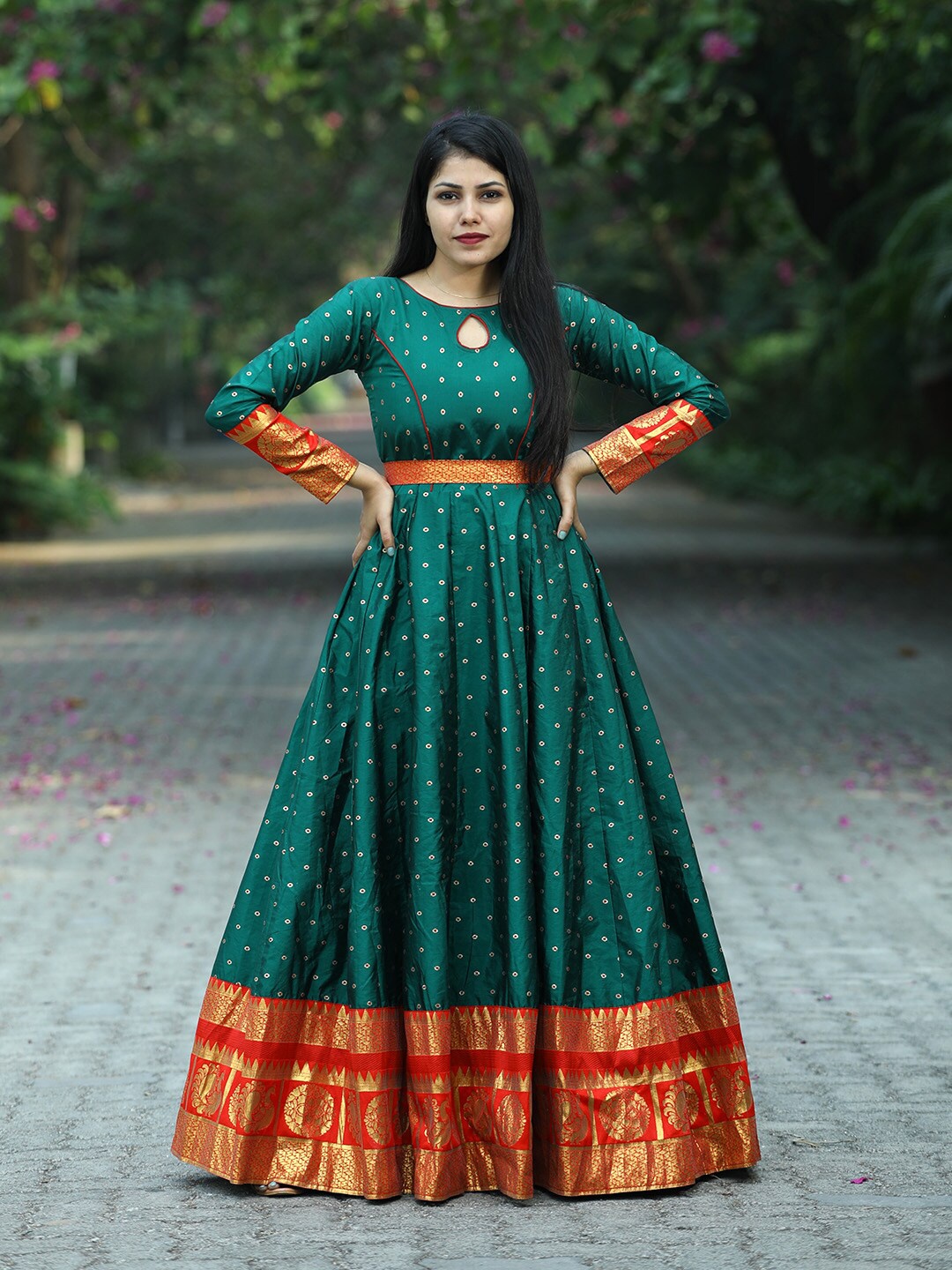 

PRANZ CREATION Keyhole Neck Long Sleeves Ethnic Print Jacquard Fit & Flare Maxi Dress, Green