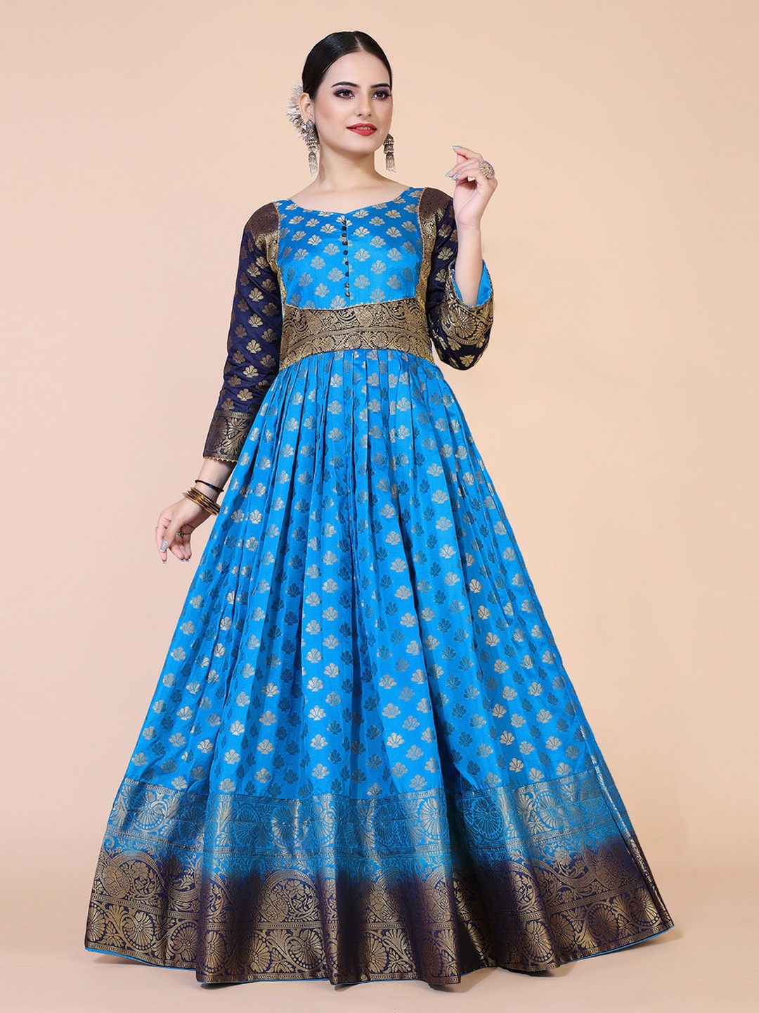 

PRANZ CREATION Ethnic Motifs Woven Design Jacquard Fit & Flare Maxi Ethnic Dress, Turquoise blue