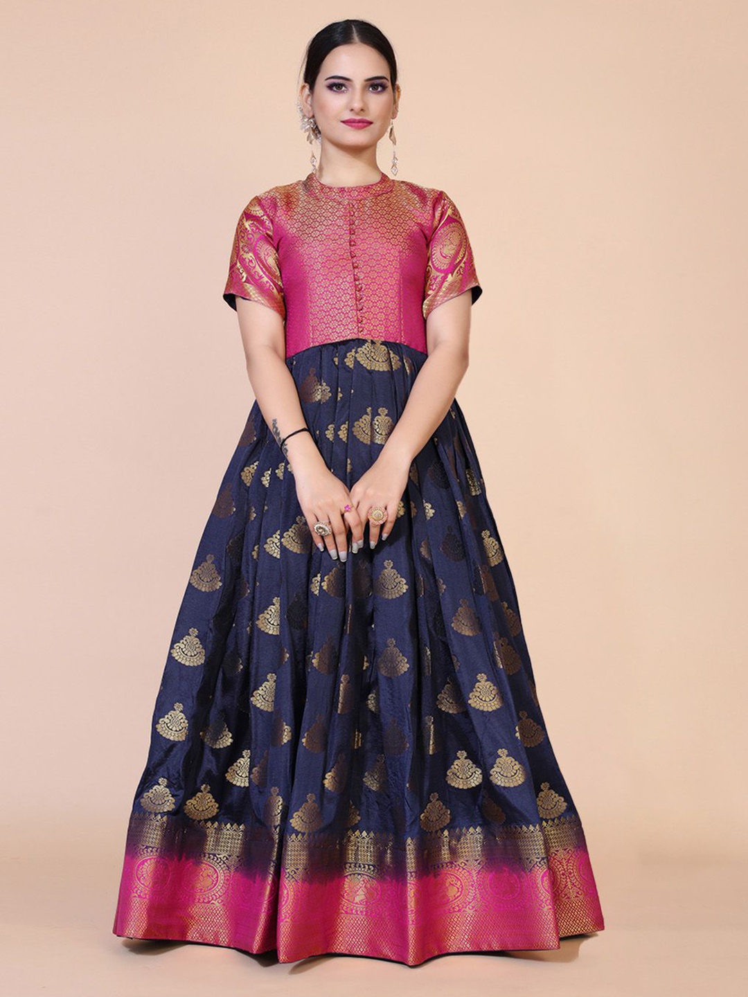 

PRANZ CREATION Ethnic Motifs Printed Jacquard Maxi Dress, Navy blue