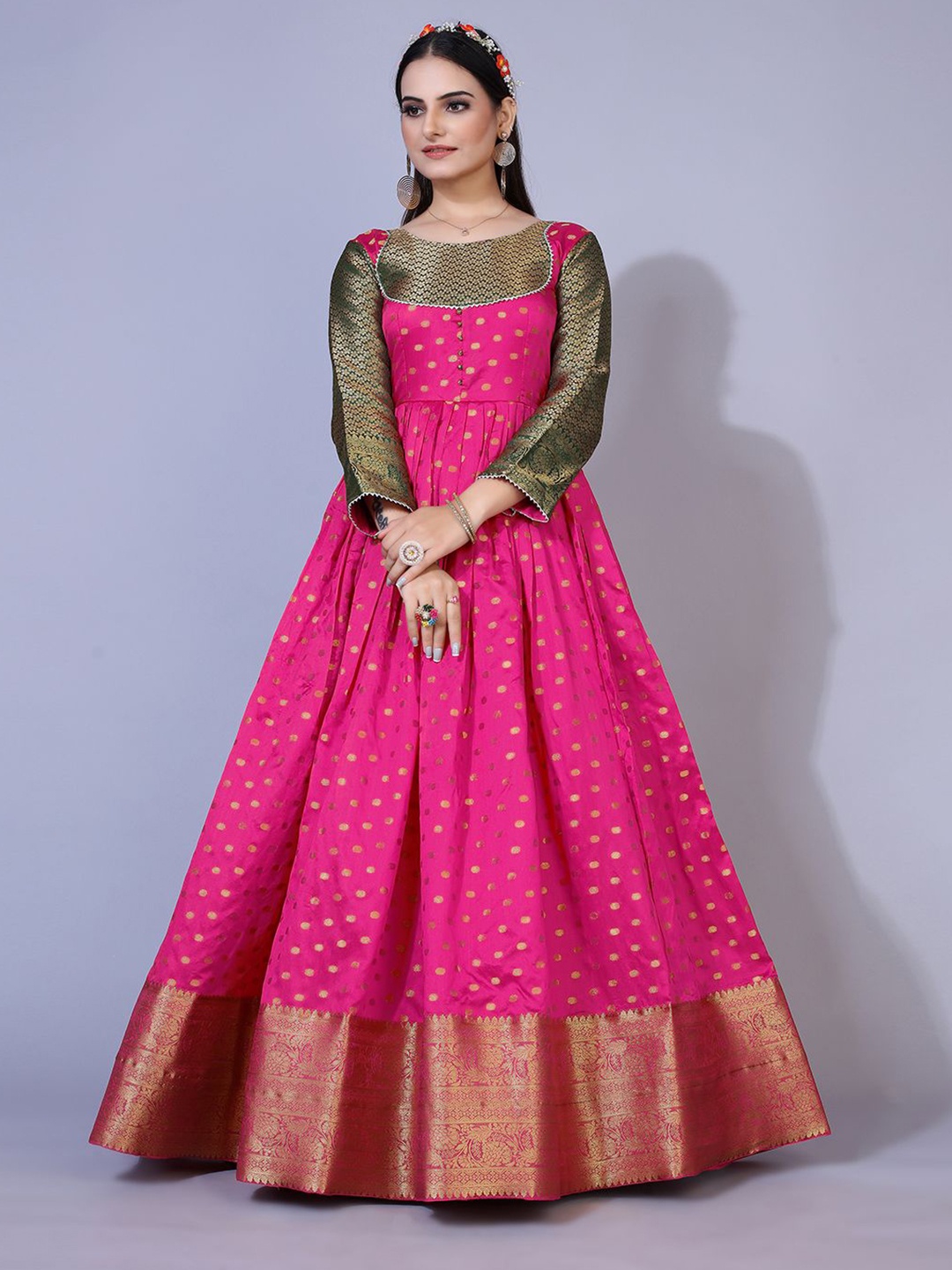 

PRANZ CREATION Round Neck Ethnic Print Jacquard Fit & Flare Maxi Dress, Magenta