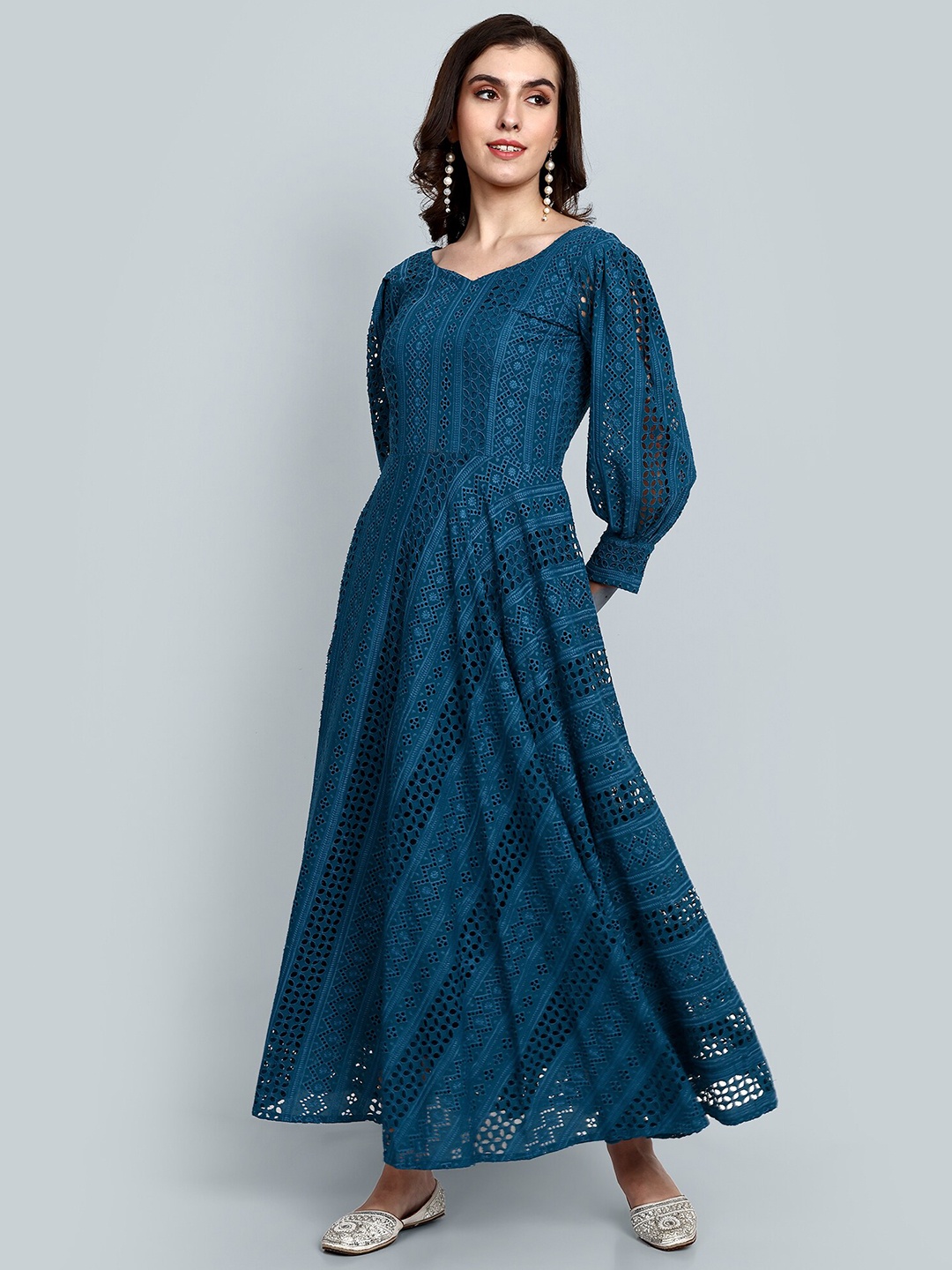 

PRANZ CREATION Sweetheart Neck Puff Sleeves A Line Maxi Dress, Teal