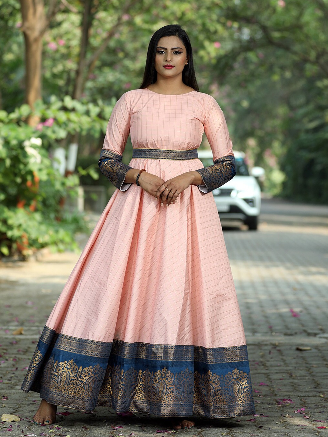 

PRANZ CREATION Round Neck Long Sleeves Jacquard Fit & Flare Maxi Dress, Peach