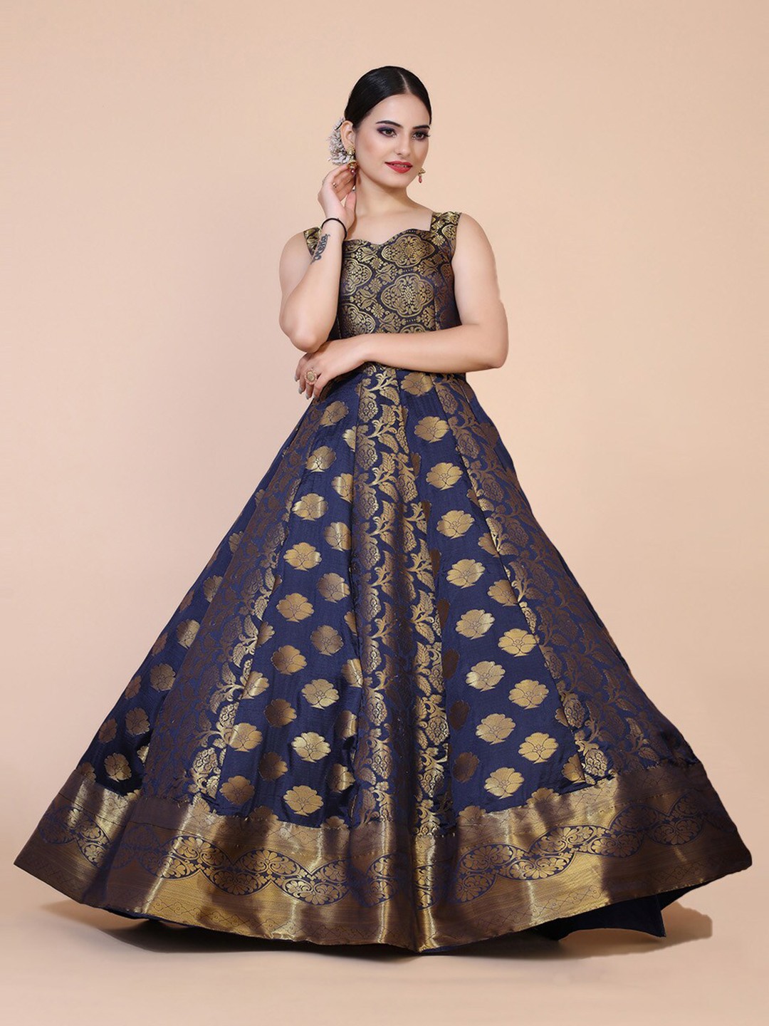 

PRANZ CREATION Sweetheart Neck Sleeveless Ethnic Printed A Line Maxi Dress, Navy blue