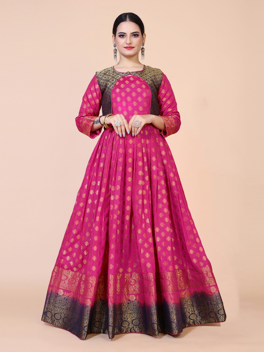 

PRANZ CREATION Round Neck Ethnic Motifs Printed Jacquard Maxi Dress, Magenta