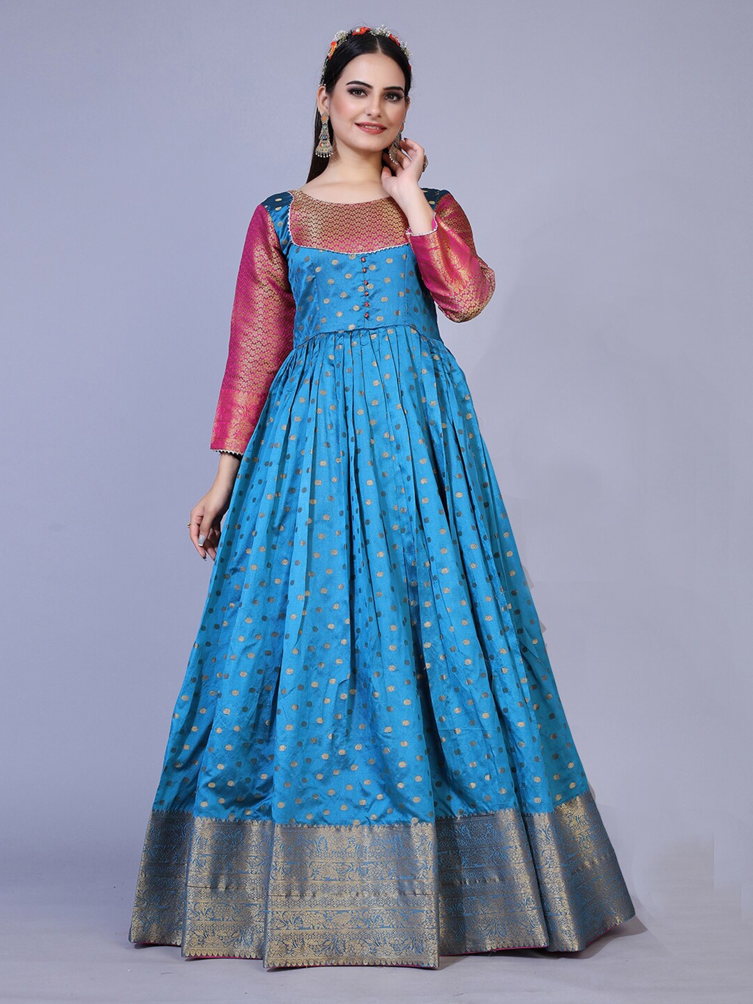 

PRANZ CREATION Round Neck Floral Print Jacquard A Line Maxi Dress, Turquoise blue