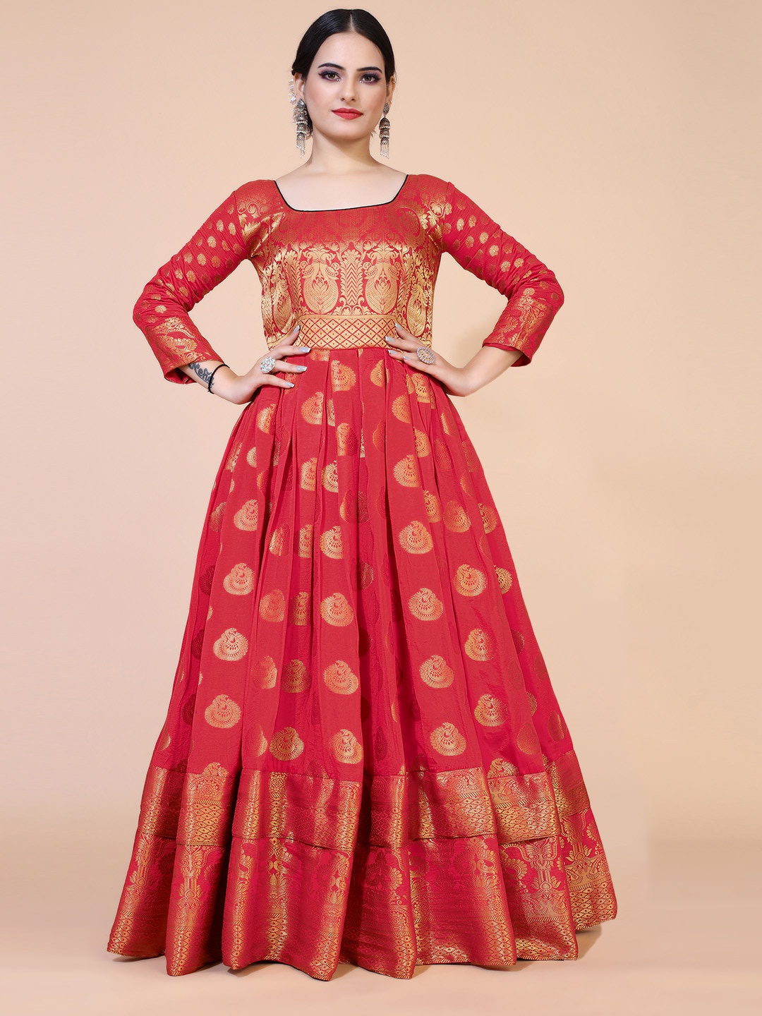 

PRANZ CREATION Square Neck Ethnic Motifs Printed Jacquard Maxi Dress, Red