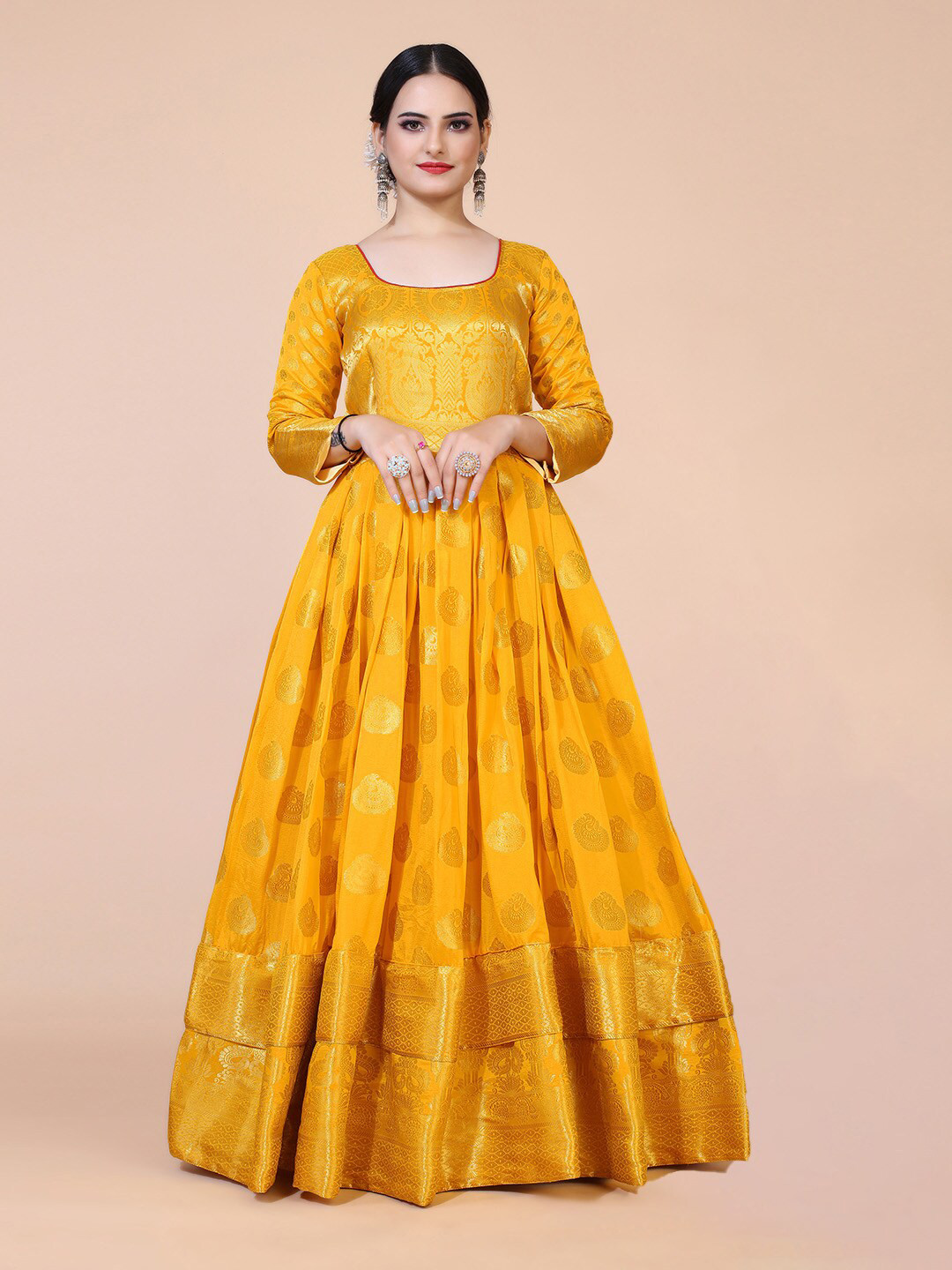 

PRANZ CREATION Ethnic Motifs Printed Jacquard Maxi Dress, Yellow