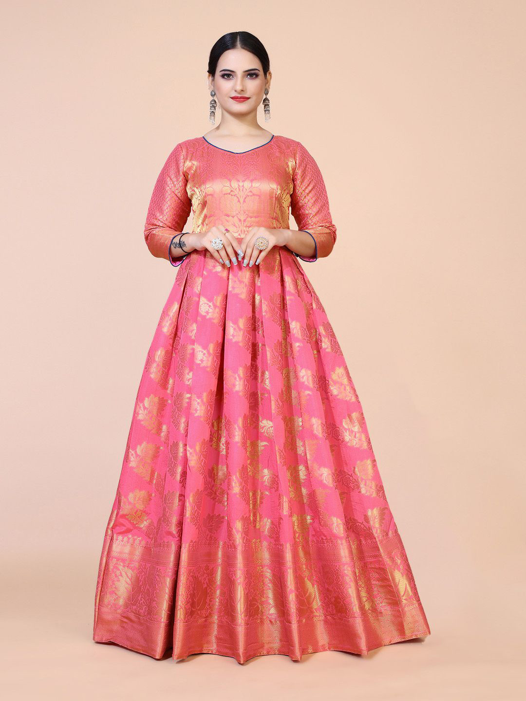 

PRANZ CREATION Round Neck Ethnic Motifs Print Jacquard A Line Maxi Dress, Pink
