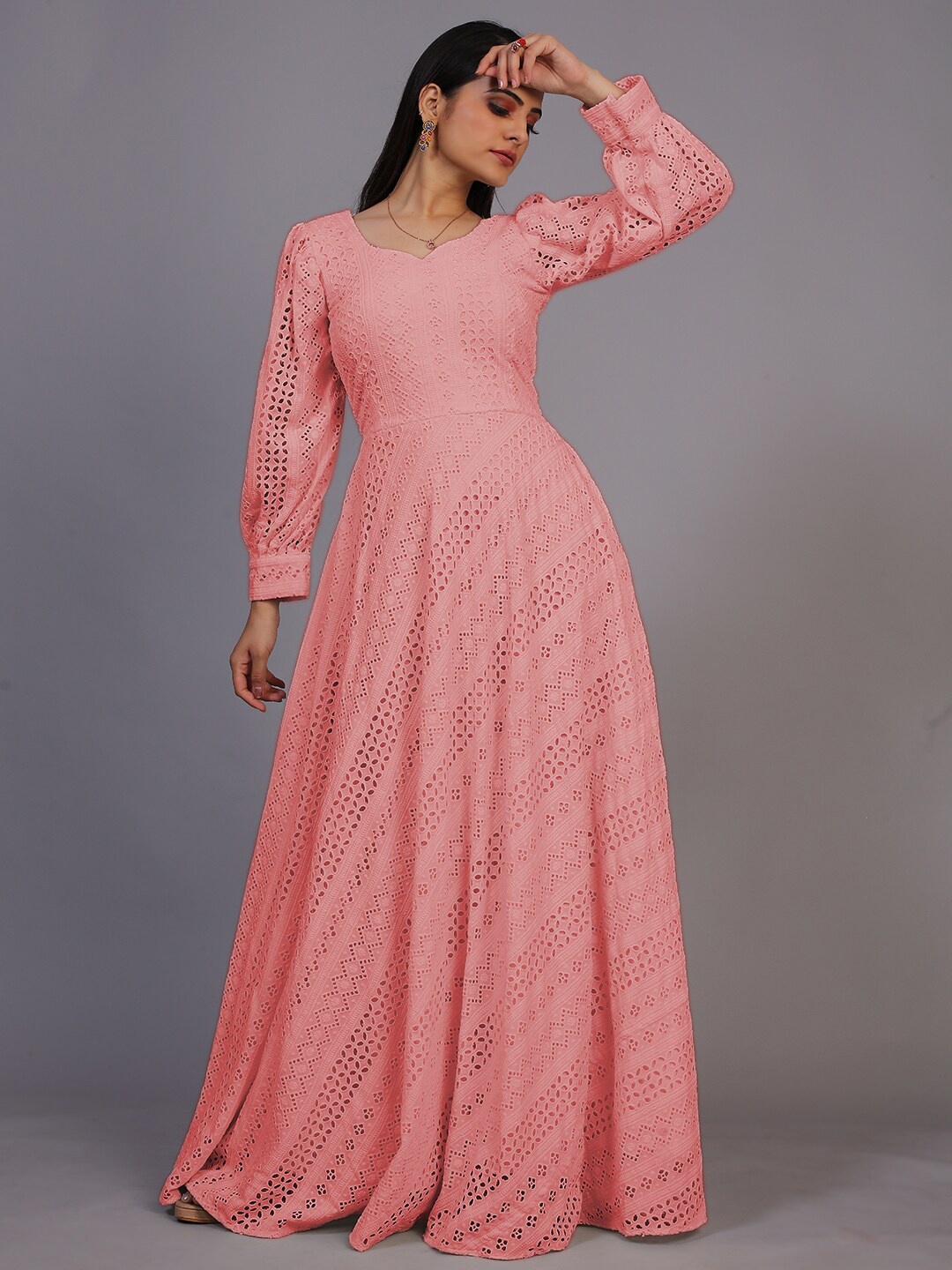 

PRANZ CREATION Round Neck Schiffli Puff Sleeves Maxi Dress, Peach