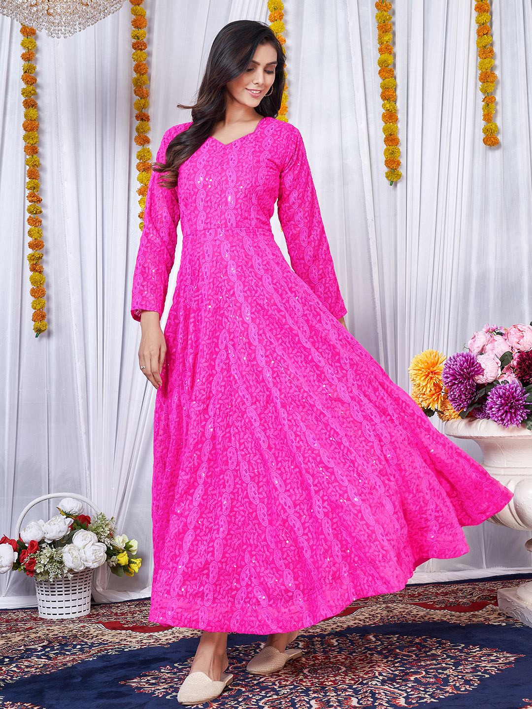

PRANZ CREATION Sweetheart Neck Long Sleeves Floral Embroidered A Line Maxi Dress, Magenta