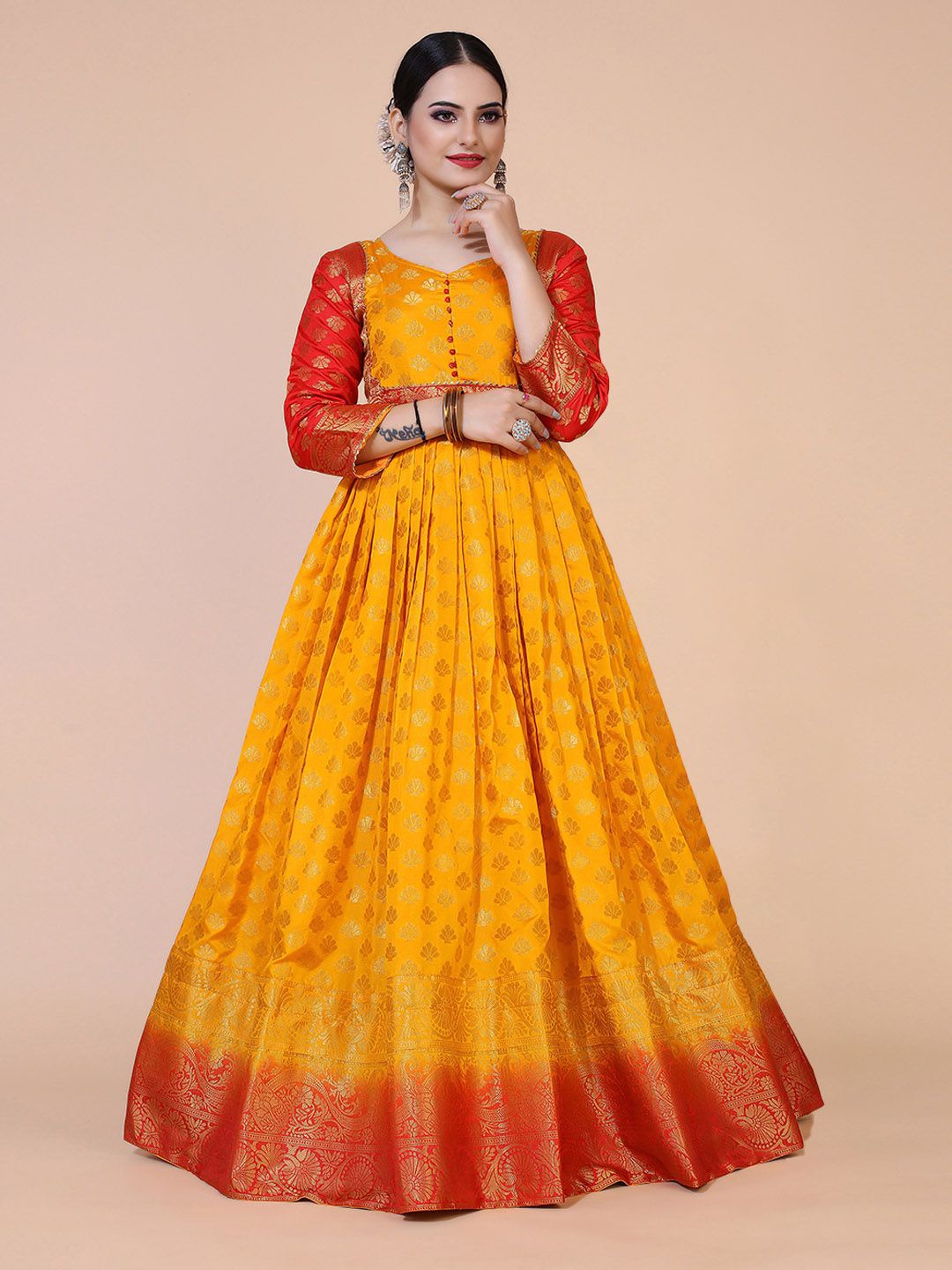 

PRANZ CREATION Round Neck Ethnic Motifs Printed Jacquard Maxi Dress, Yellow