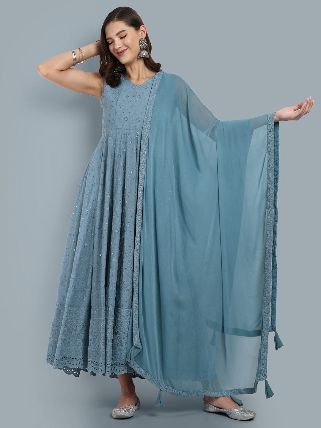 

PRANZ CREATION Round Neck Sleeveless Maxi Dress With Dupatta, Grey