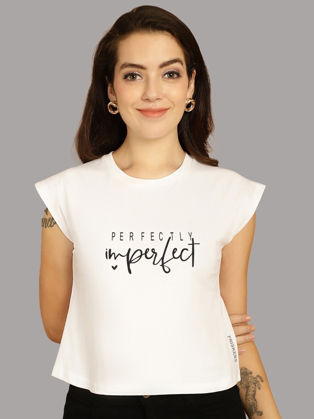

Friskers Typography Printed Round Neck Extended Sleeves Pure Cotton Tshirt, White