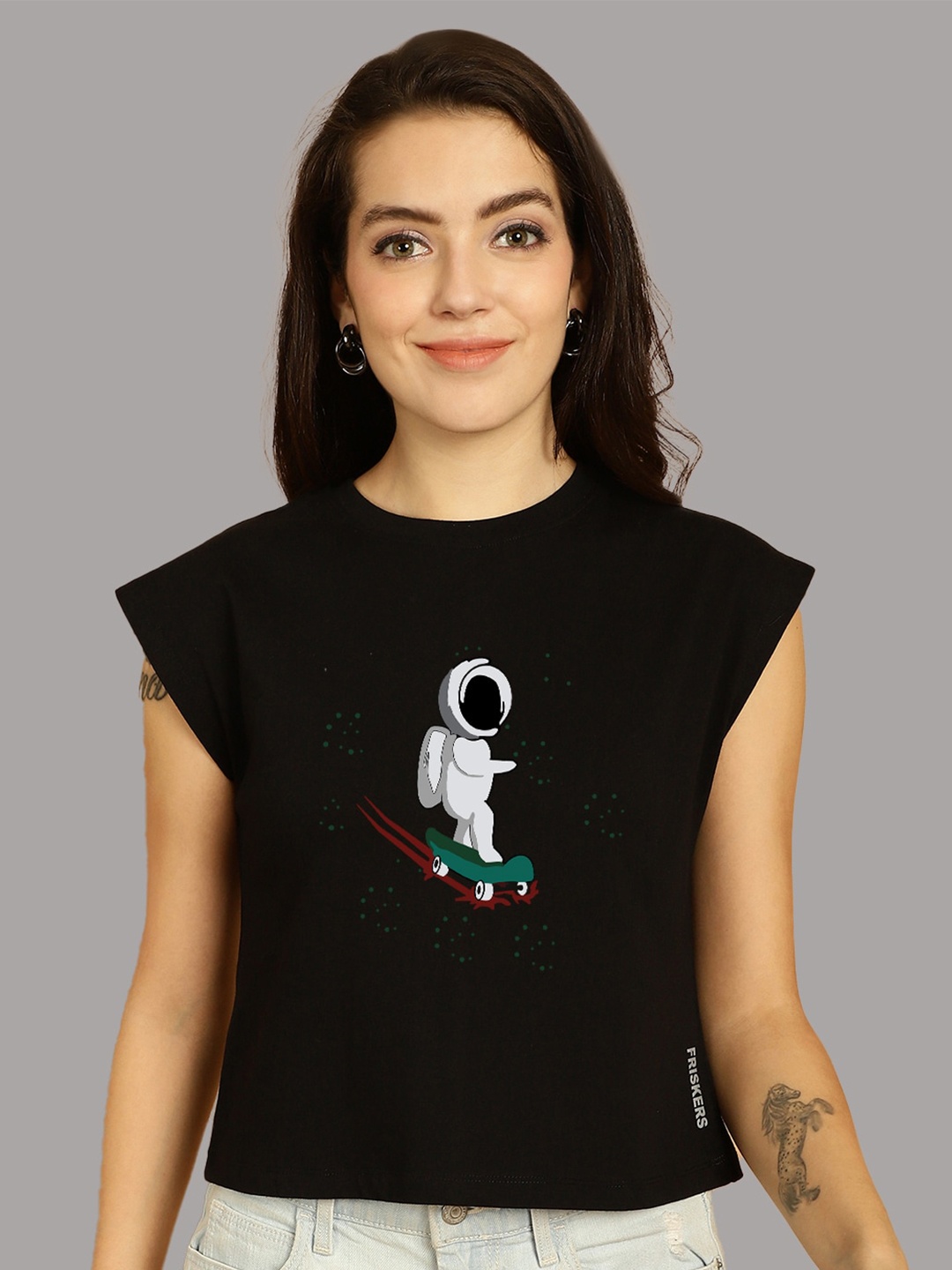 

Friskers Spaceman Printed Extended Sleeves Pure Cotton Crop T-shirt, Black