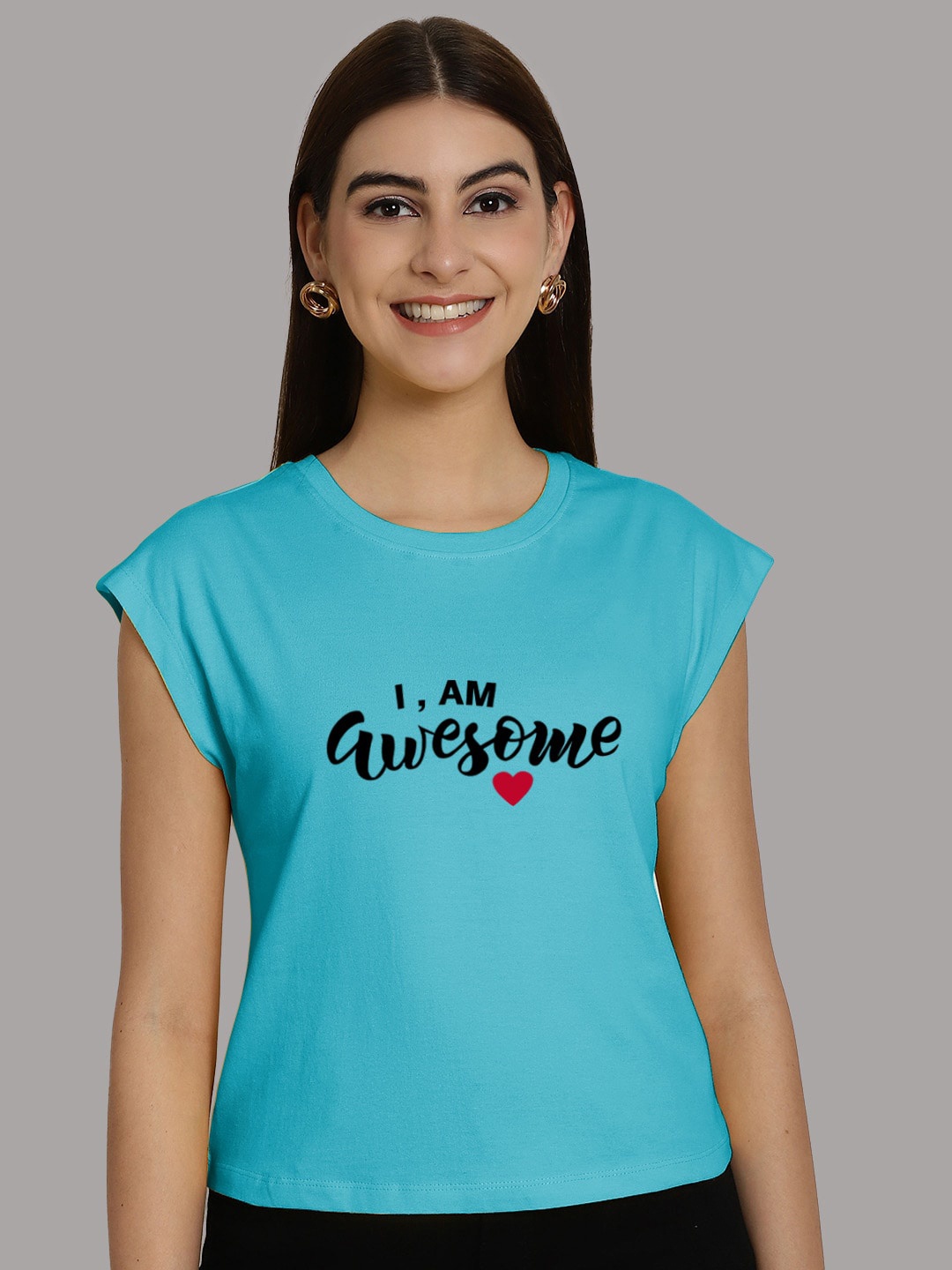 

Friskers Typography Printed Round Neck Extended Sleeves Pure Cotton Tshirt, Turquoise blue