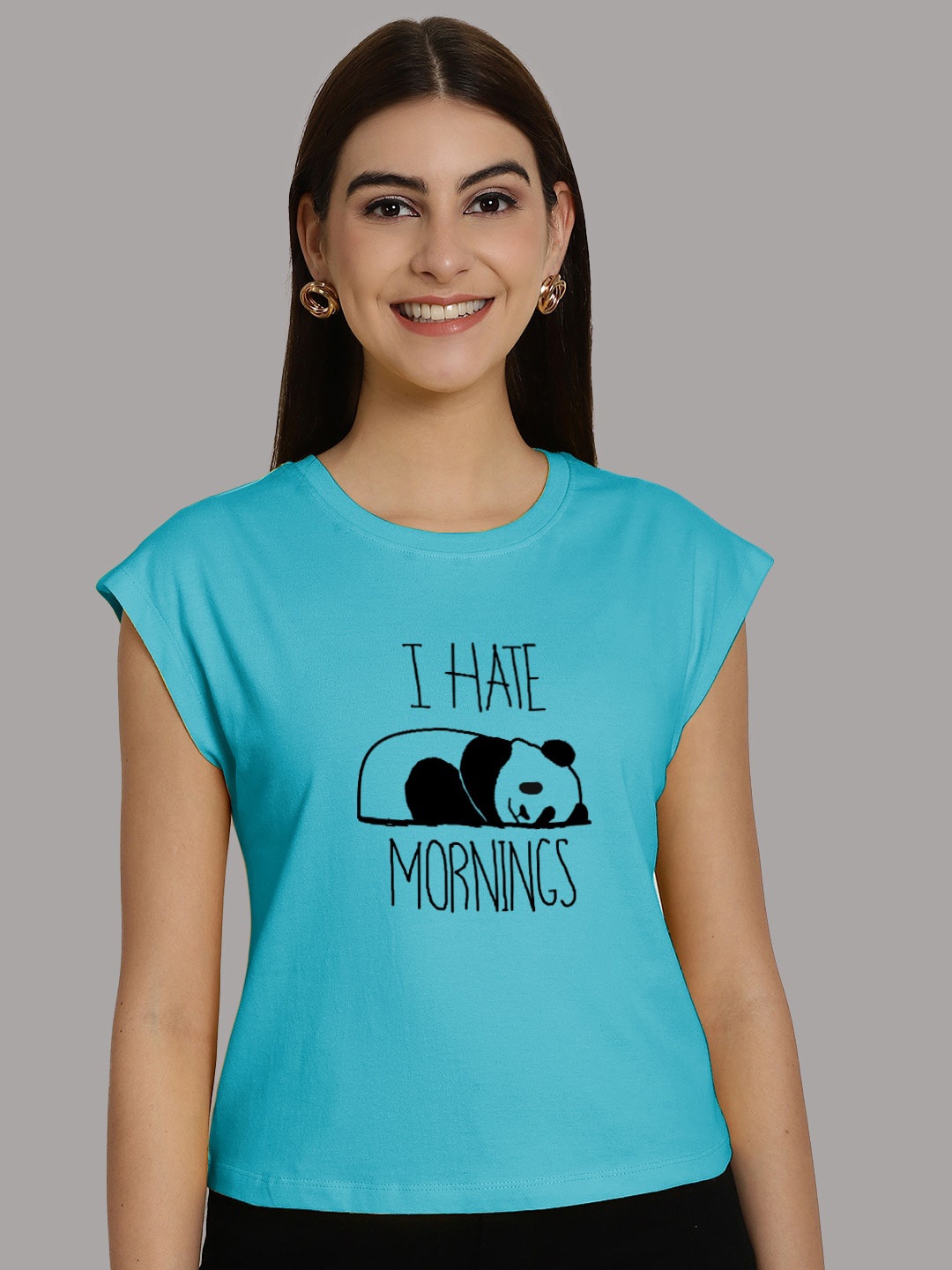 

Friskers Graphic Printed Round Neck Extended Sleeves Pure Cotton Tshirt, Turquoise blue