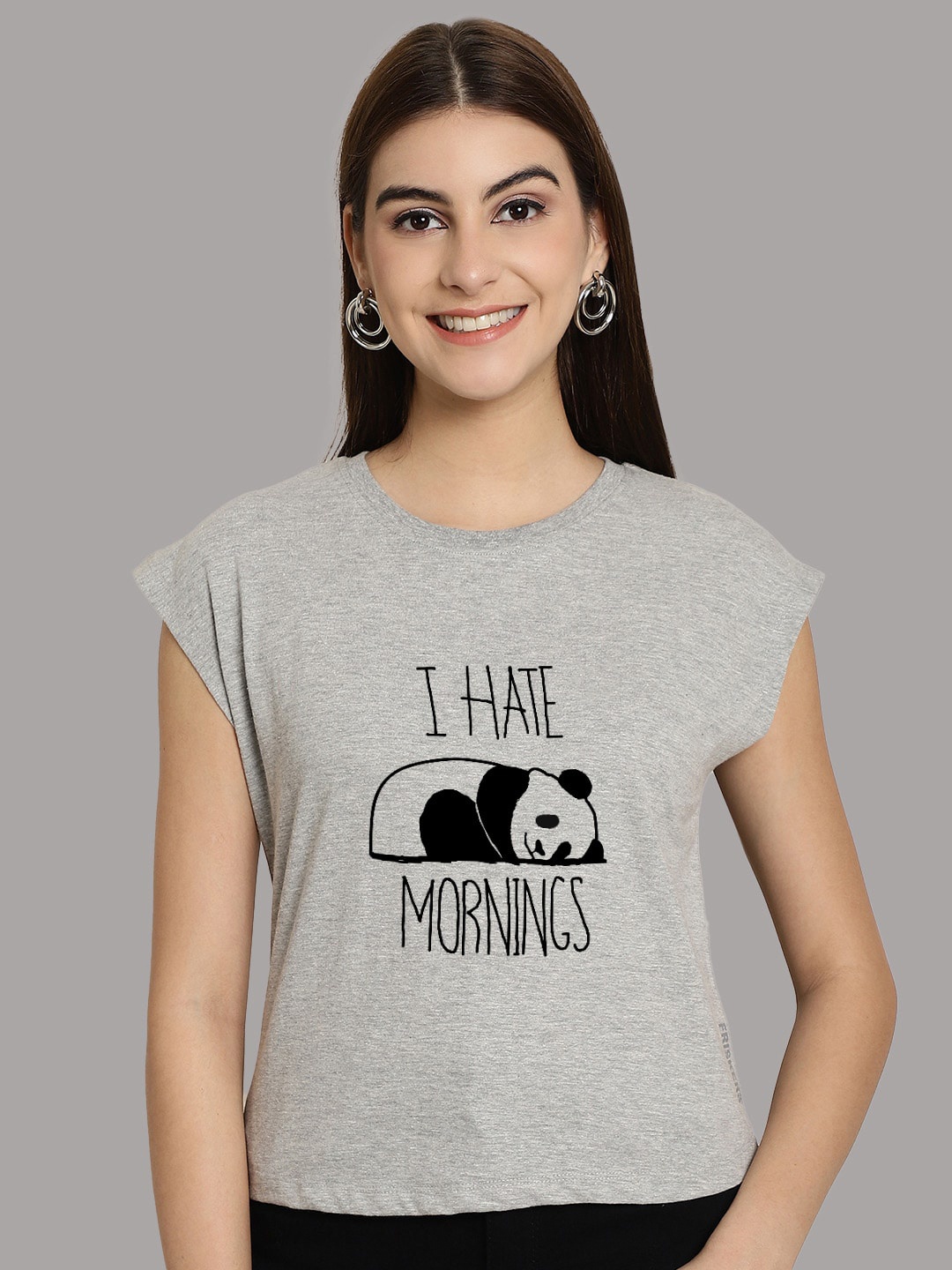 

Friskers Graphic Printed Round Neck Extended Sleeves Pure Cotton Tshirt, Grey