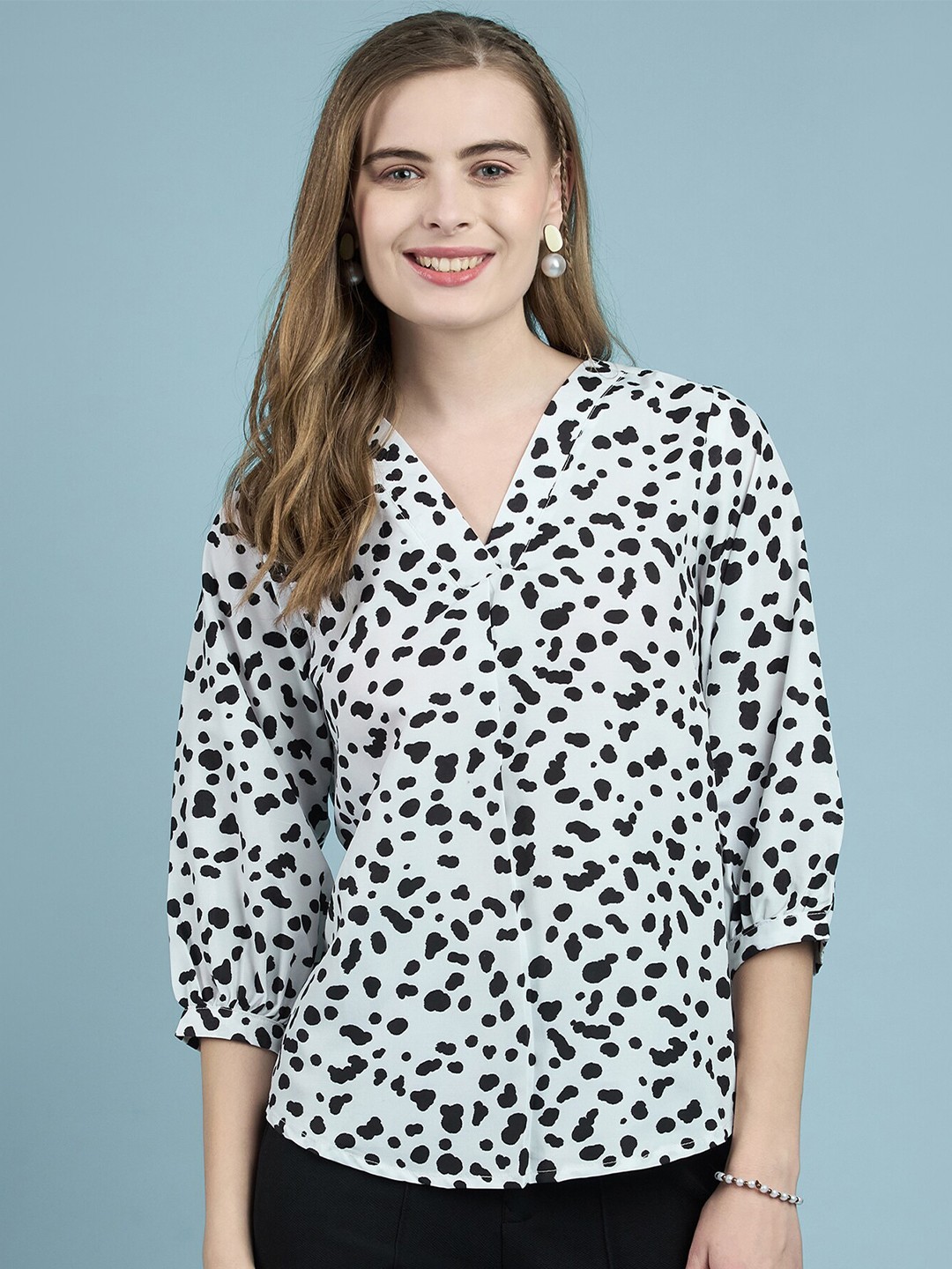

all about you Abstract Print V-Neck Puff Sleeves Regular Top, White