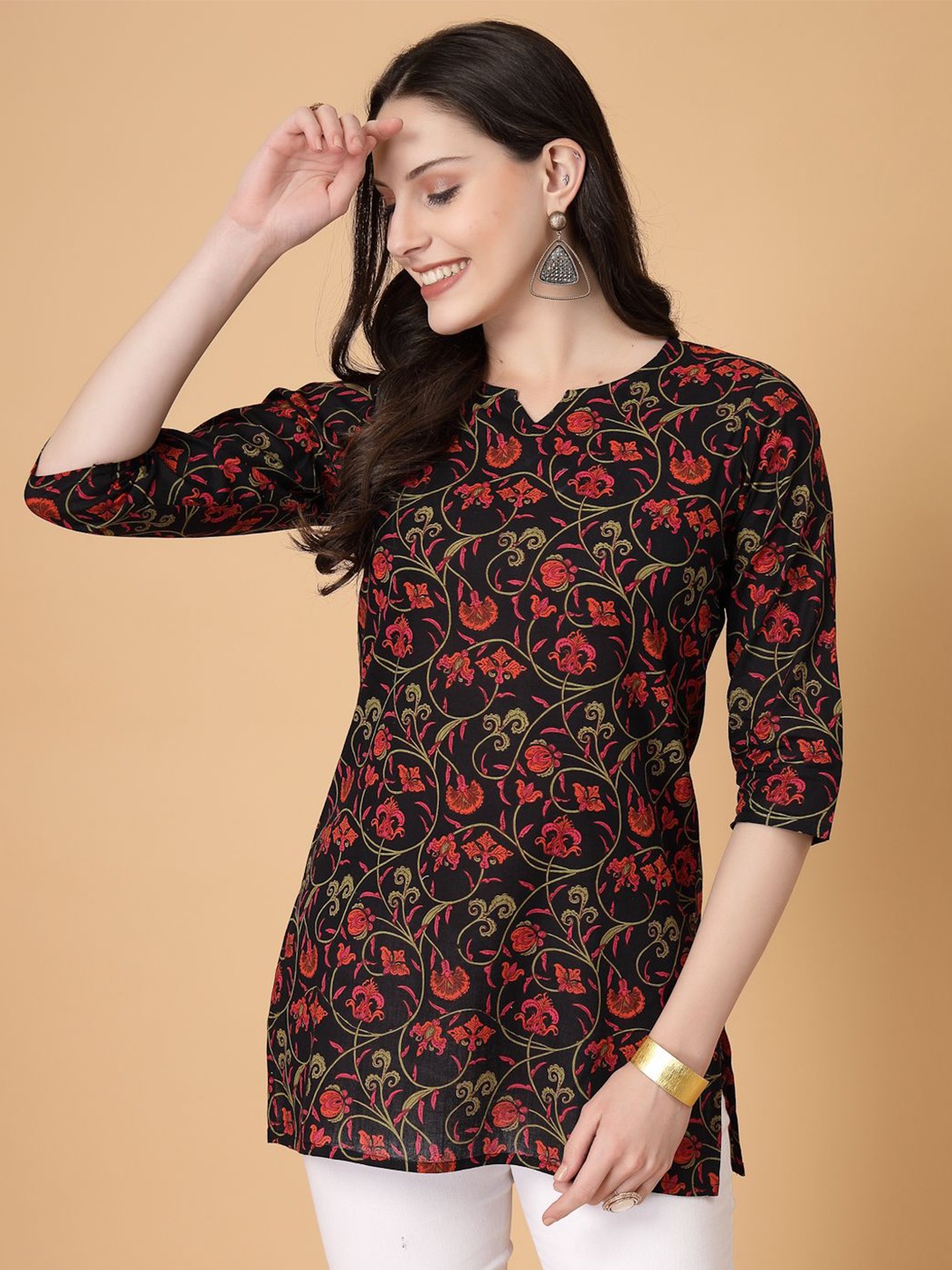 

God Bless Floral Printed Pure Cotton Kurti, Black