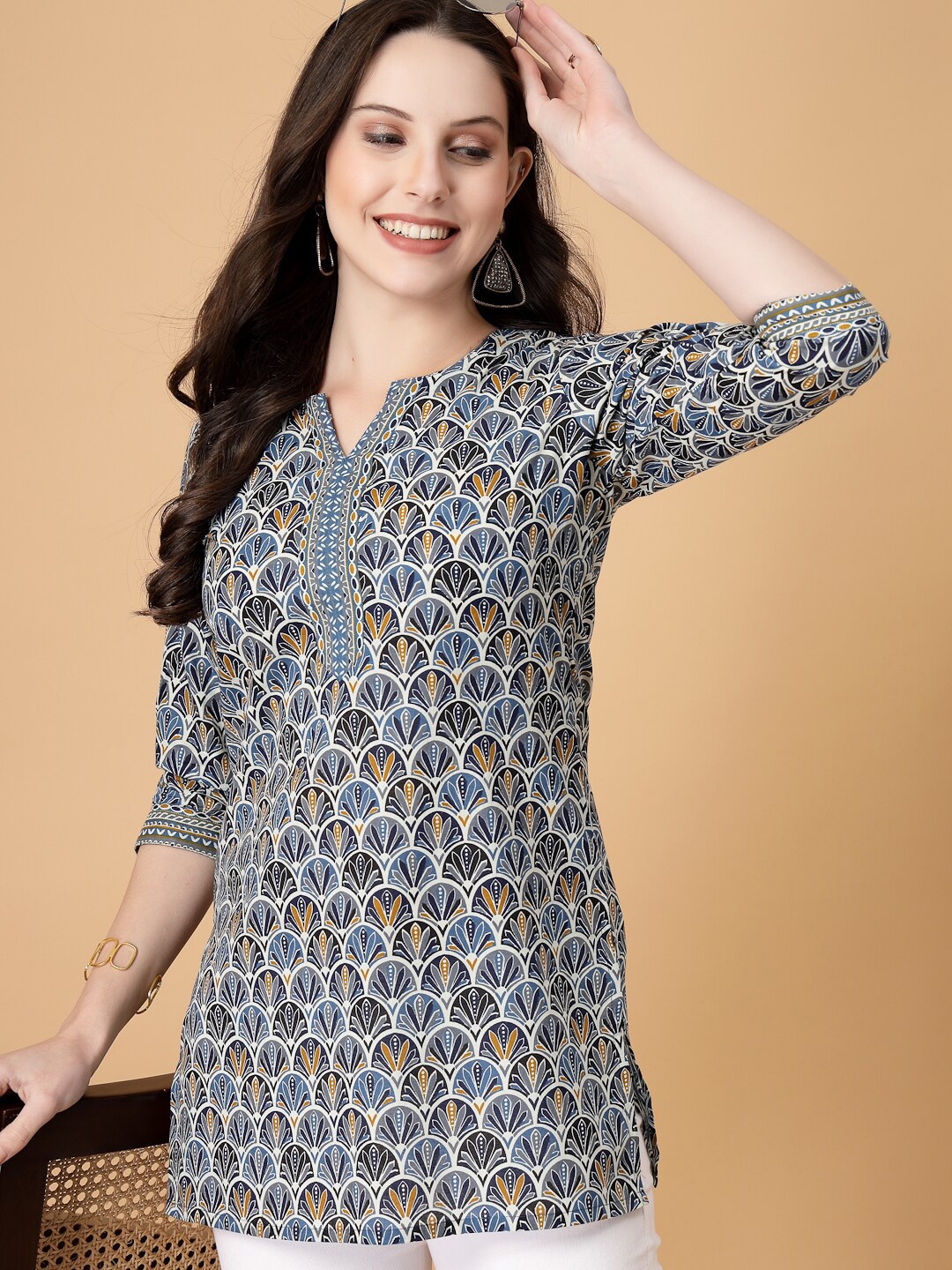 

God Bless Women Printed Round Notched Neck Kurti, Grey