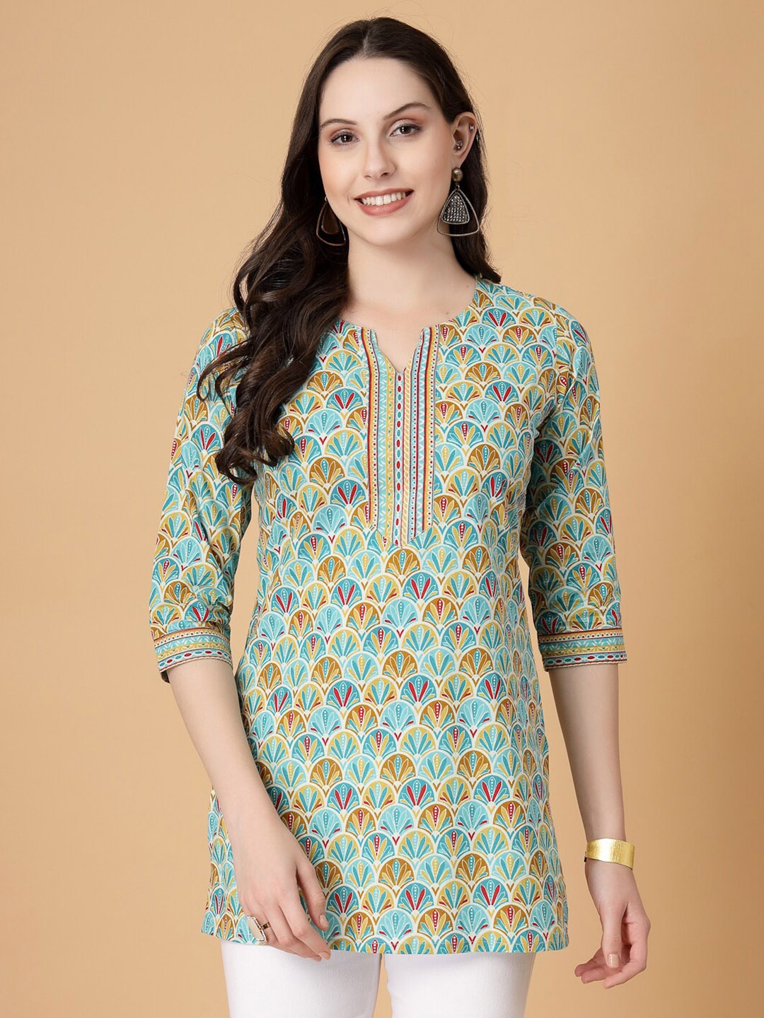 

God Bless Women Printed Round Notched Neck Kurti, Green