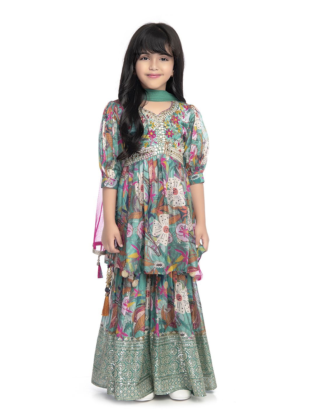 BETTY Girls Floral Printed A-Line Kurta With Sharara & Dupatta, Green
