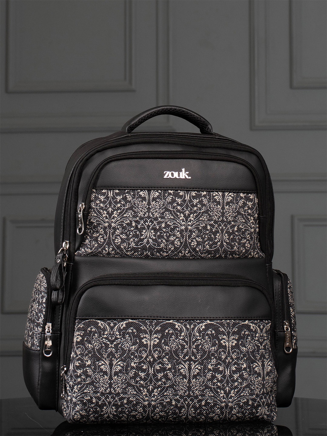 

ZOUK Lattice Lace Unisex Floral Printed Vegan Leather Padded Backpack, Black