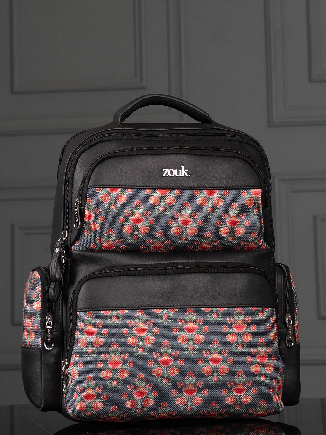 

ZOUK Mughal Garden Unisex Floral Printed Padded Vegan Leather Backpack-Up to 16 inch, Black