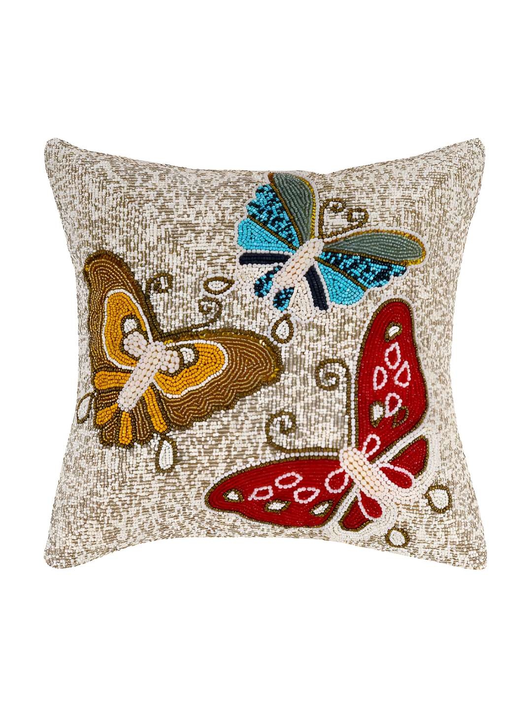 

PURINA'S Off White & Blue Ethnic Motifs Square Cushion Cover