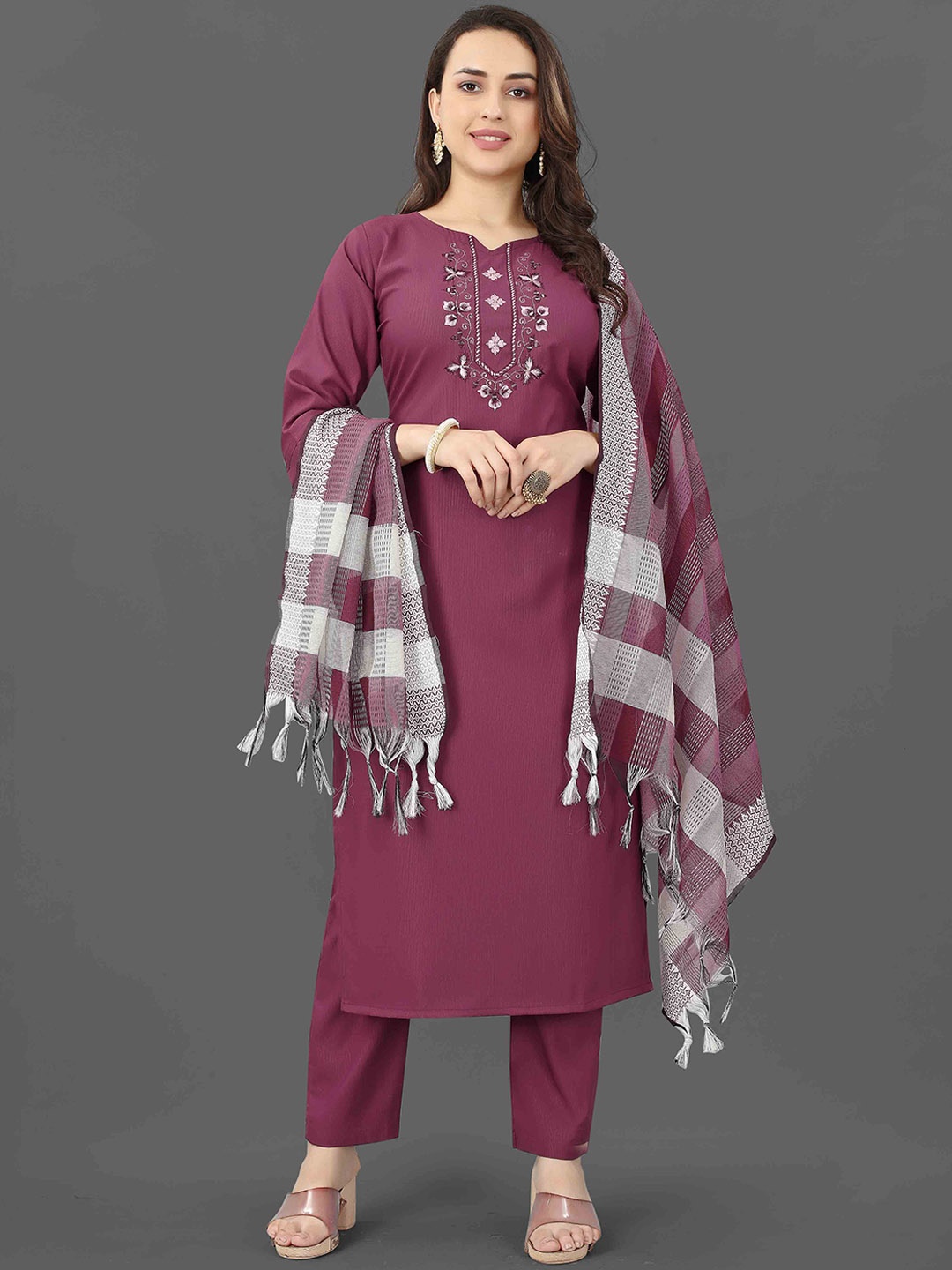 

Fashion FRICKS Floral Yoke Design Thread Work Straight Kurta with Trousers & Dupatta, Magenta