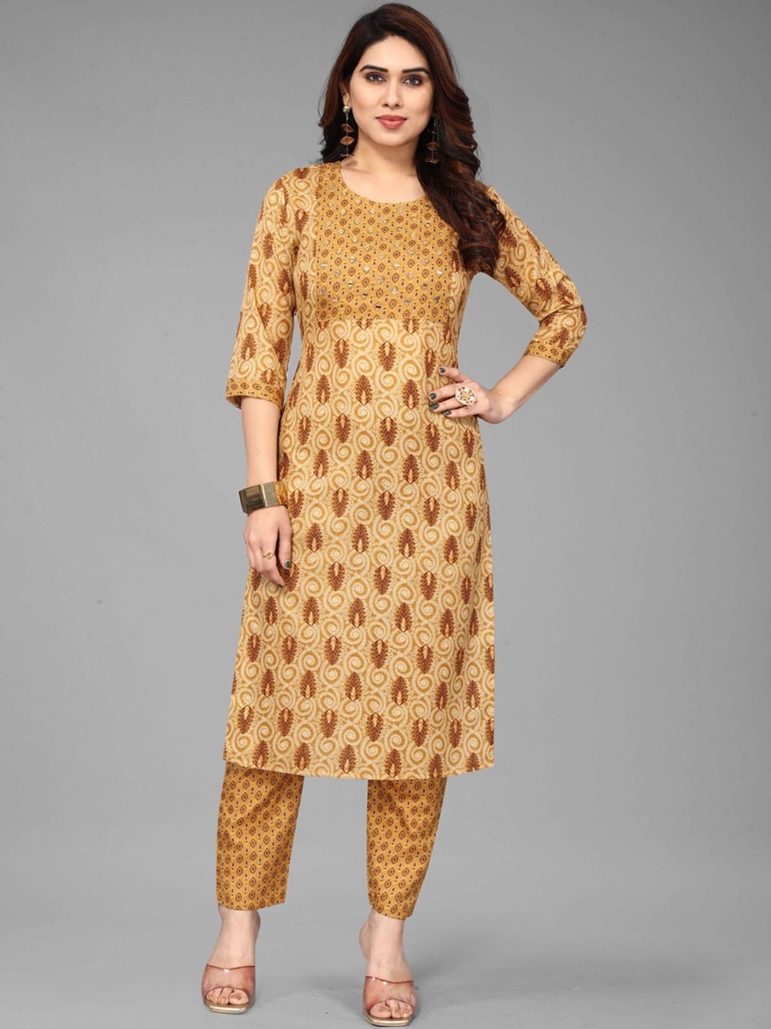 

Fashion FRICKS Floral Printed Mirror Work Straight Kurta with Trousers, Yellow