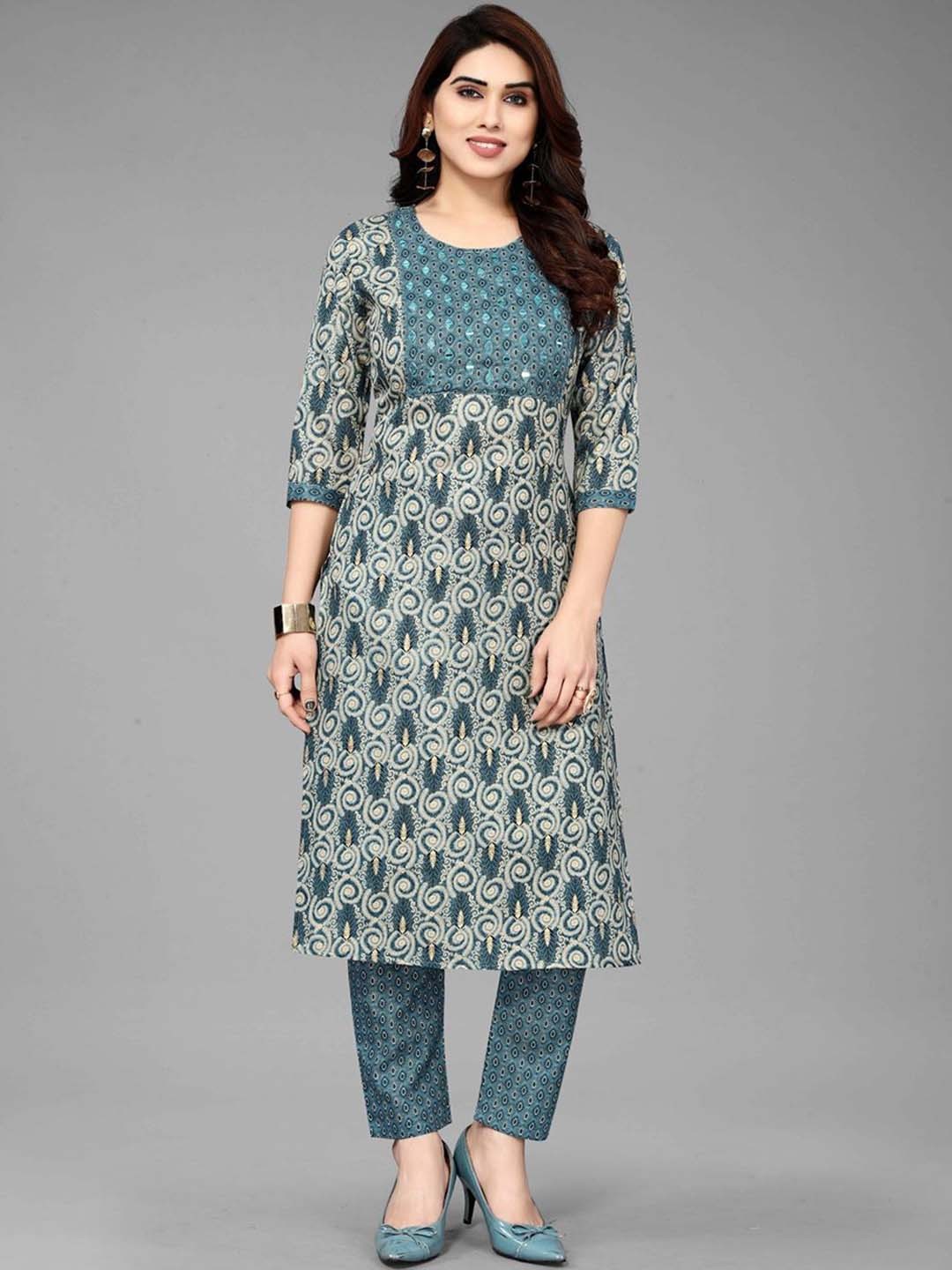 

Fashion FRICKS Ethnic Motifs Printed Regular Thread Work Kurta with Trousers, Blue